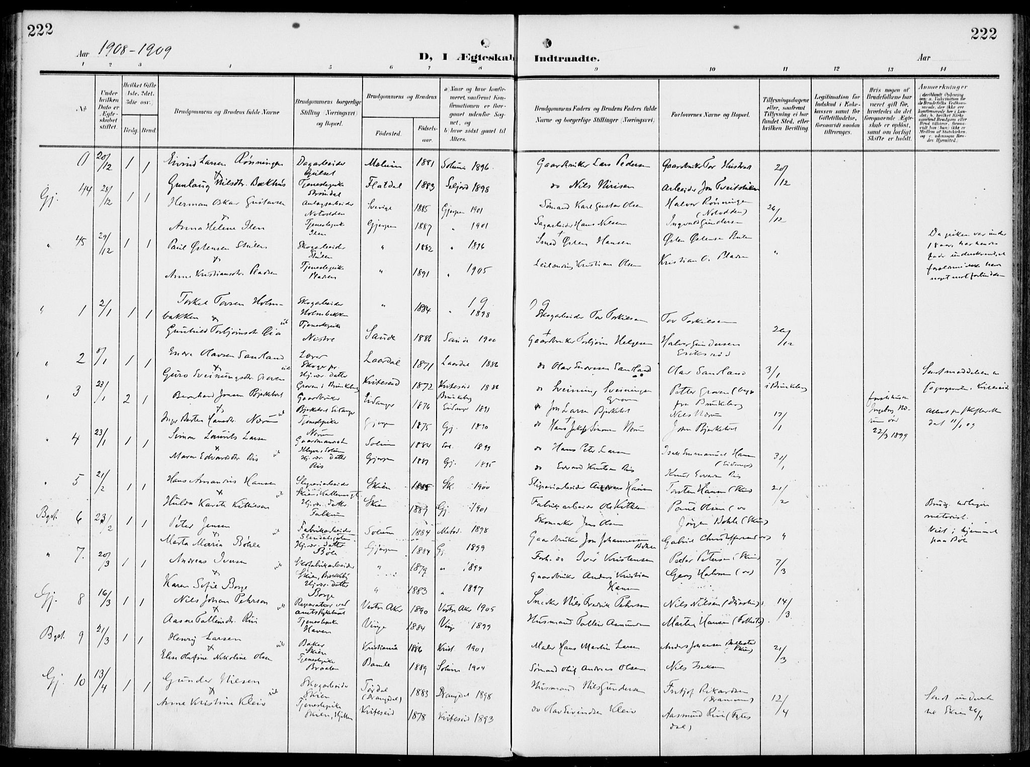 Gjerpen kirkebøker, SAKO/A-265/F/Fa/L0012: Parish register (official) no. I 12, 1905-1913, p. 222