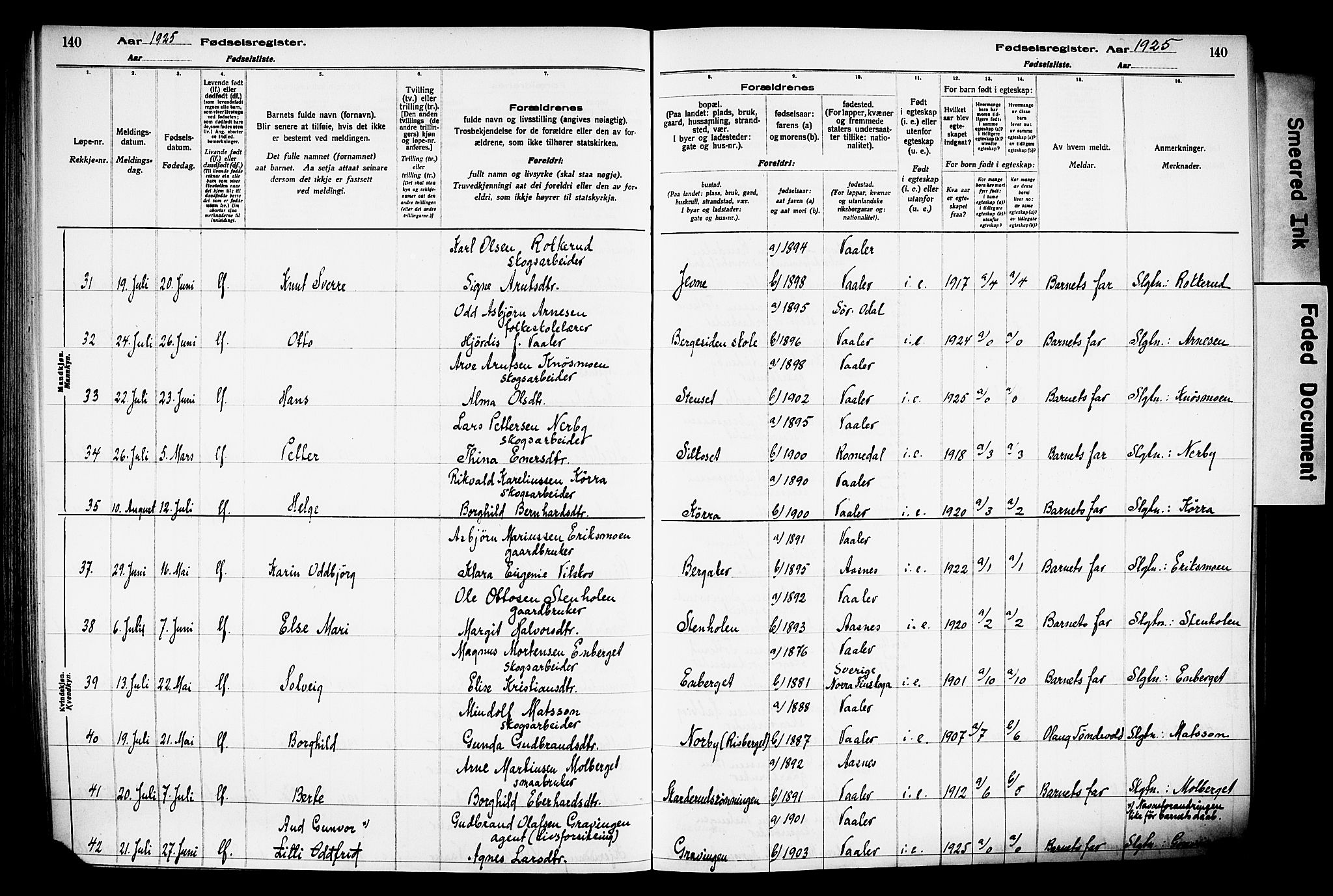 Våler prestekontor, Hedmark, AV/SAH-PREST-040/I/Id/L0001: Birth register no. 1, 1916-1930, p. 140