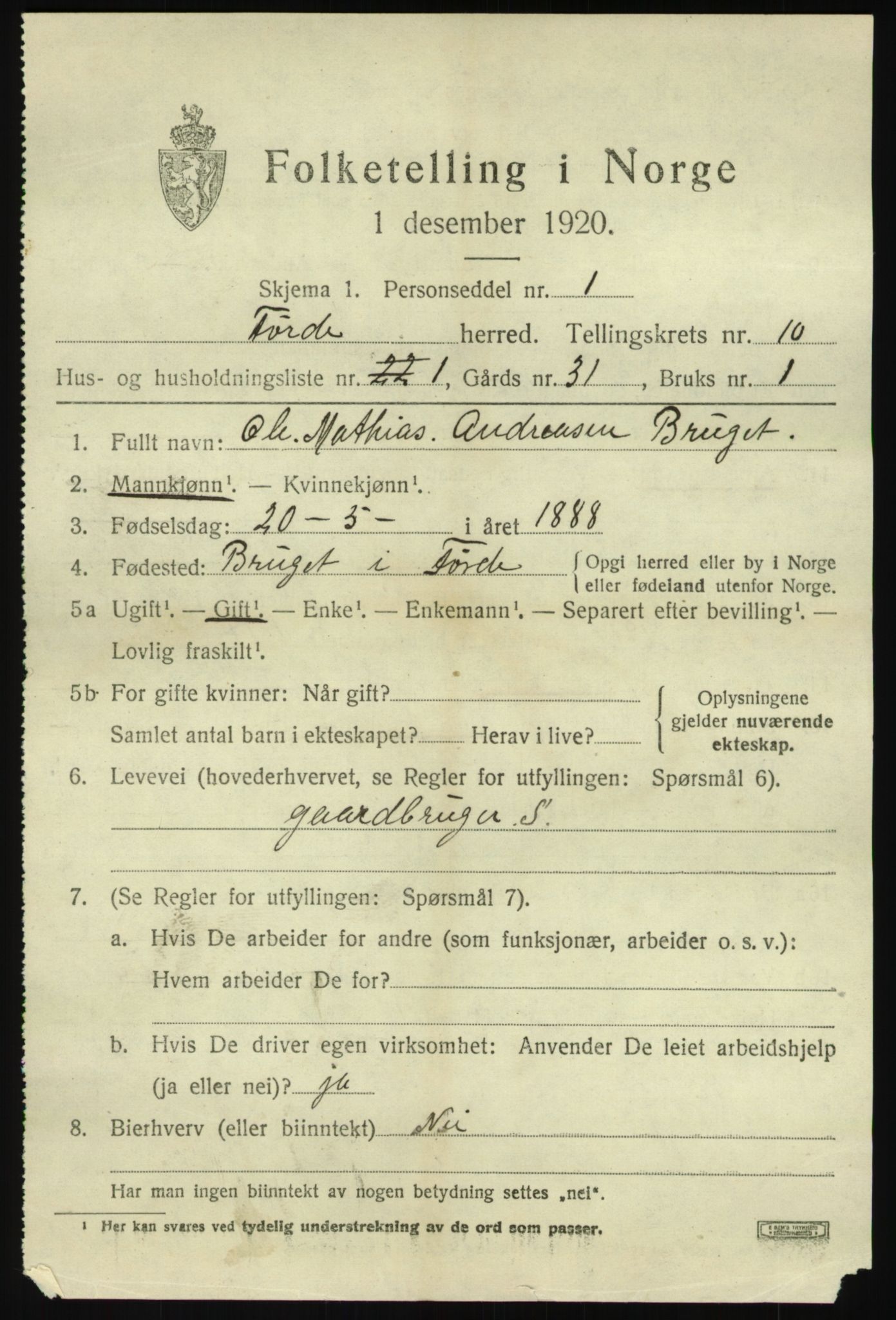 SAB, 1920 census for Førde, 1920, p. 3646