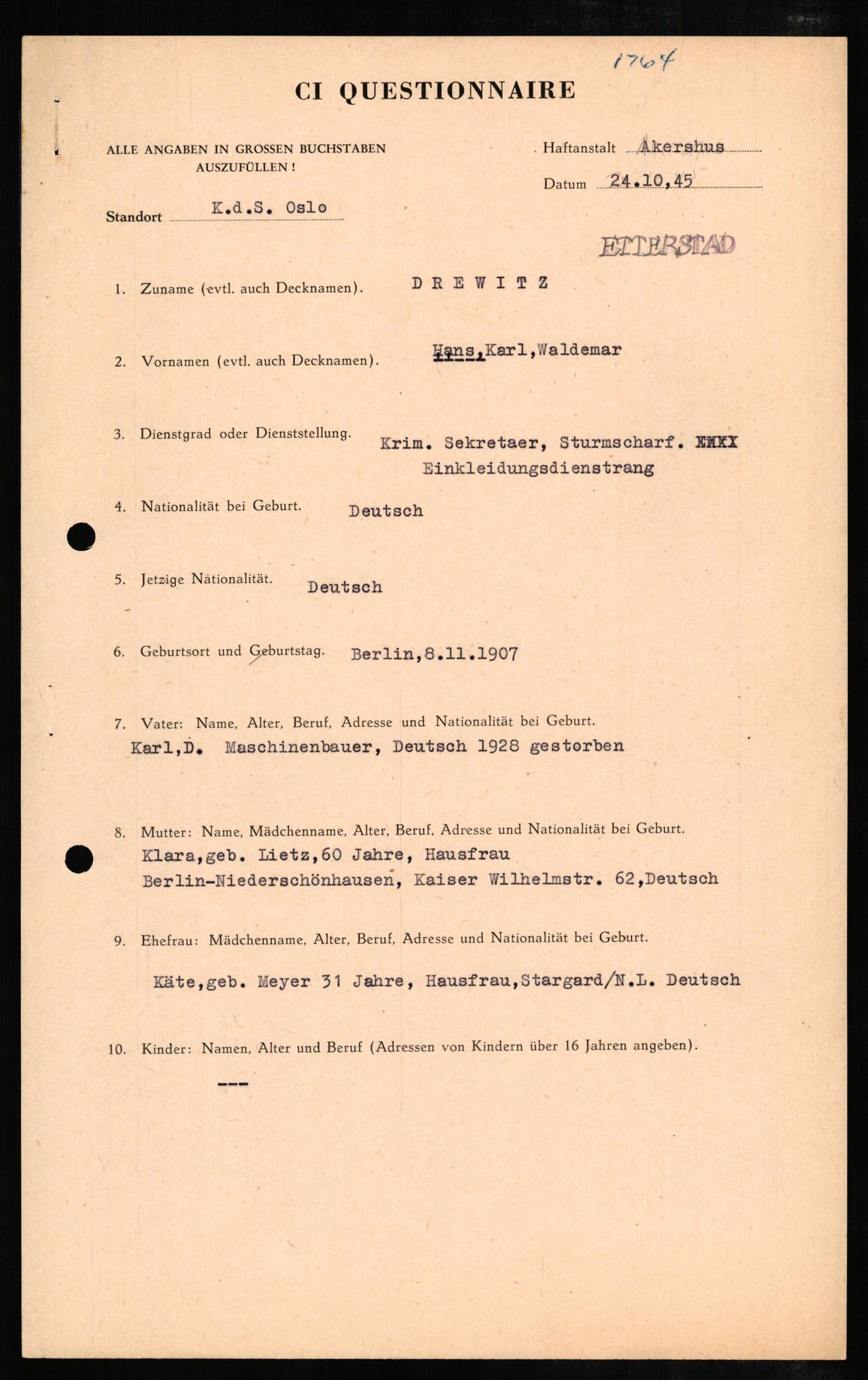 Forsvaret, Forsvarets overkommando II, AV/RA-RAFA-3915/D/Db/L0006: CI Questionaires. Tyske okkupasjonsstyrker i Norge. Tyskere., 1945-1946, p. 256