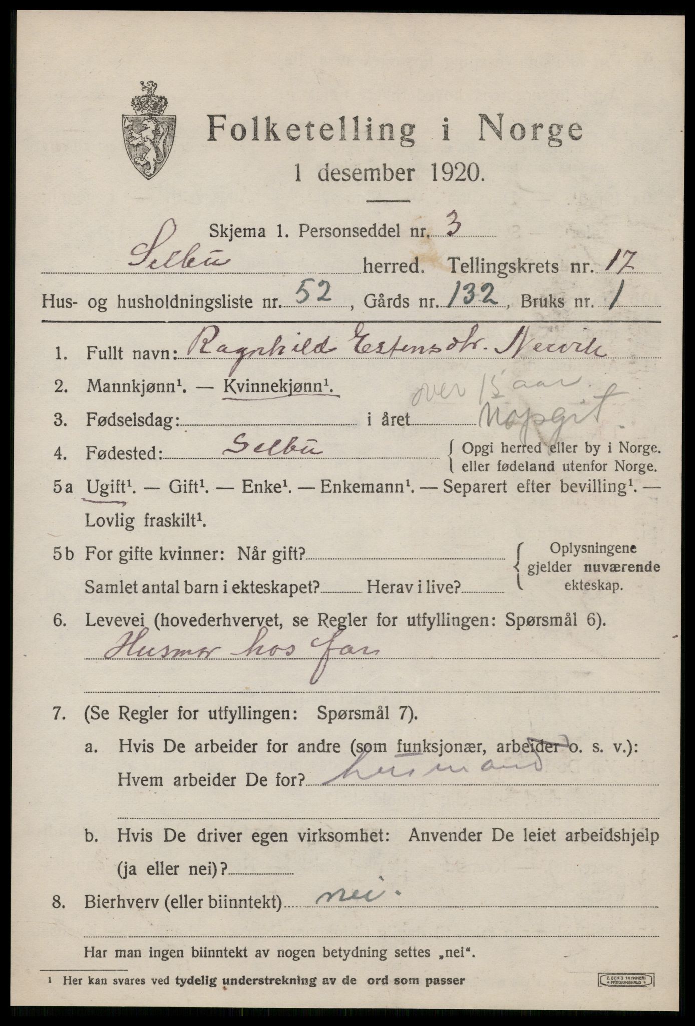 SAT, 1920 census for Selbu, 1920, p. 9434