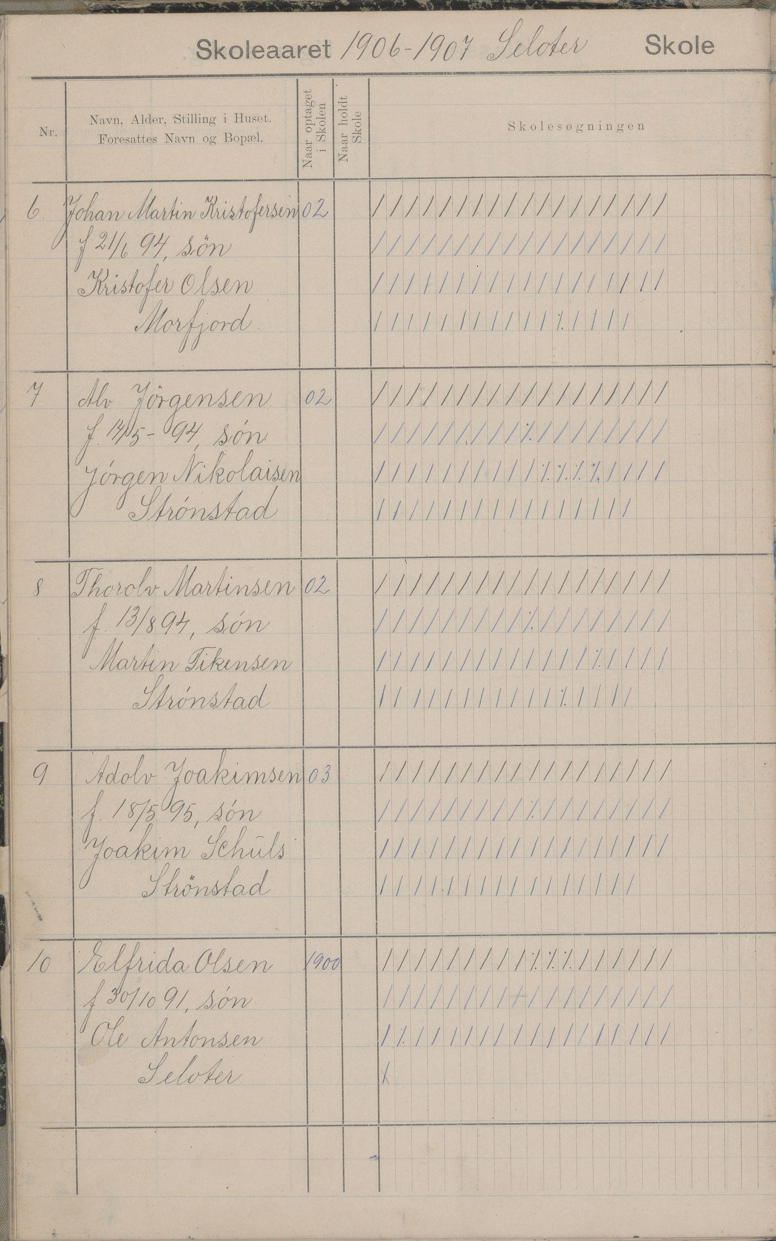 Hadsel kommune. Strønstad skolekrets, AIN/K-18660.510.13/G/L0001: Skoleprotokoll for Strønstad skole - Seloter, 1905-1914