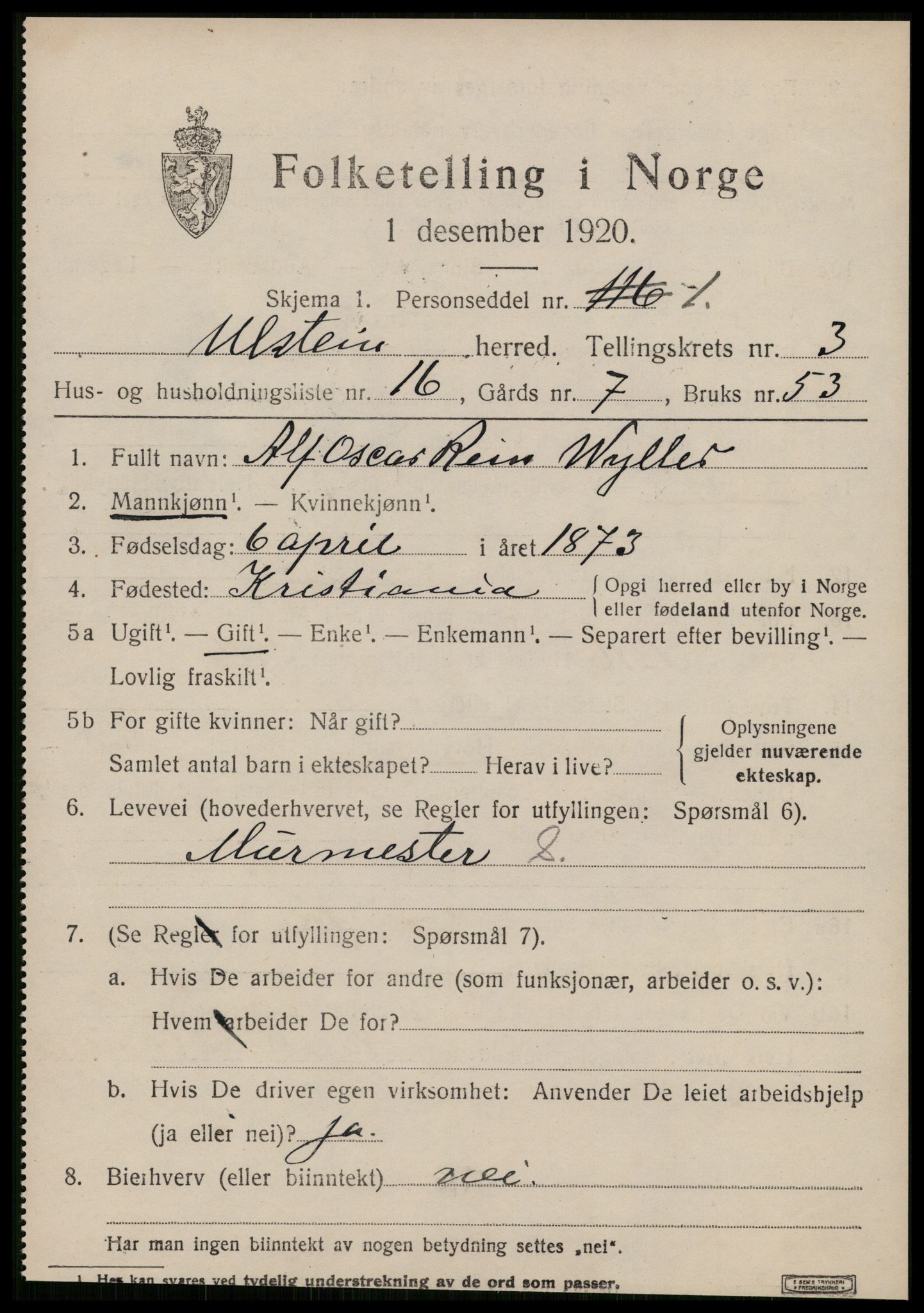 SAT, 1920 census for Ulstein, 1920, p. 1852