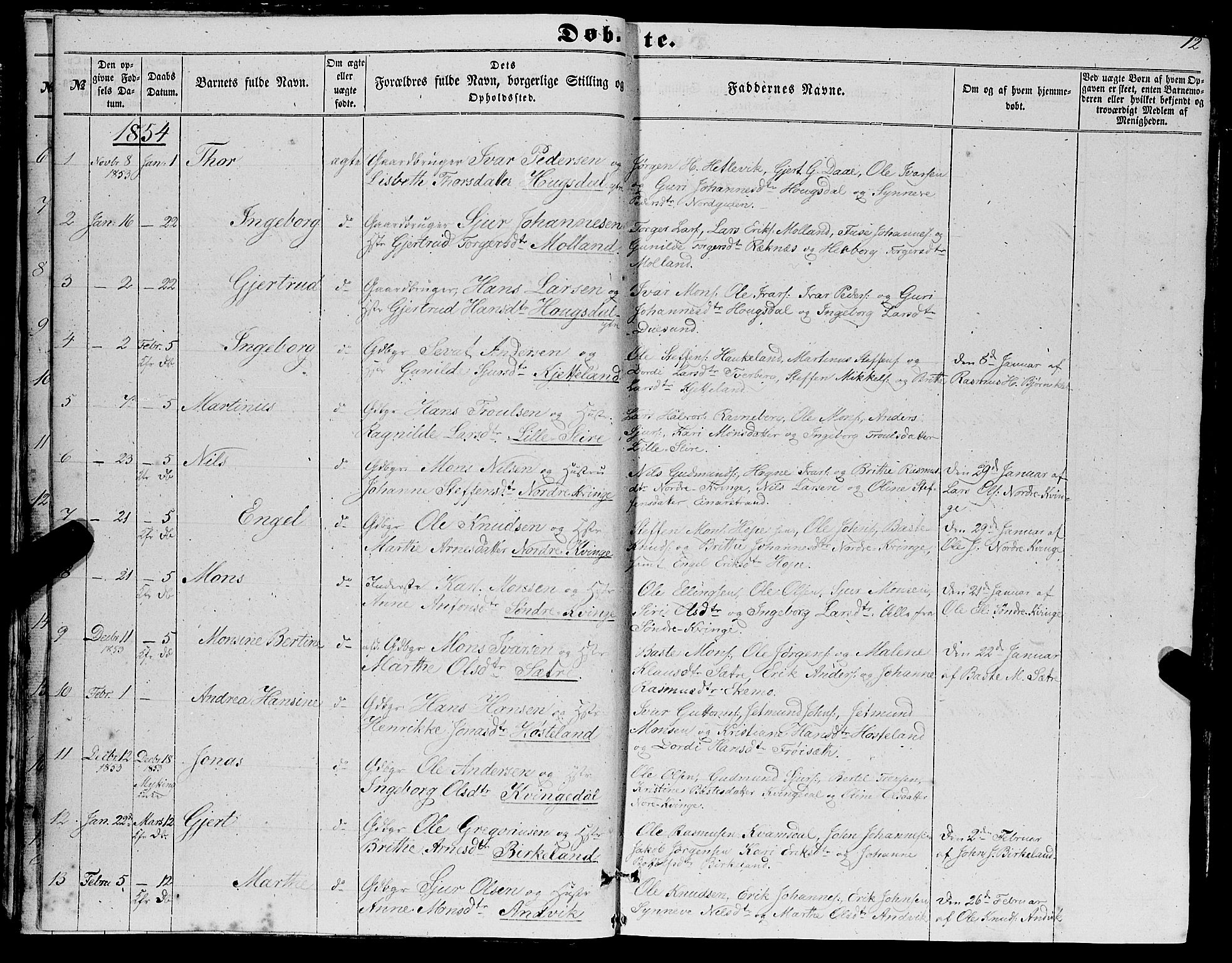 Masfjorden Sokneprestembete, AV/SAB-A-77001: Parish register (copy) no. A 1, 1851-1875, p. 12