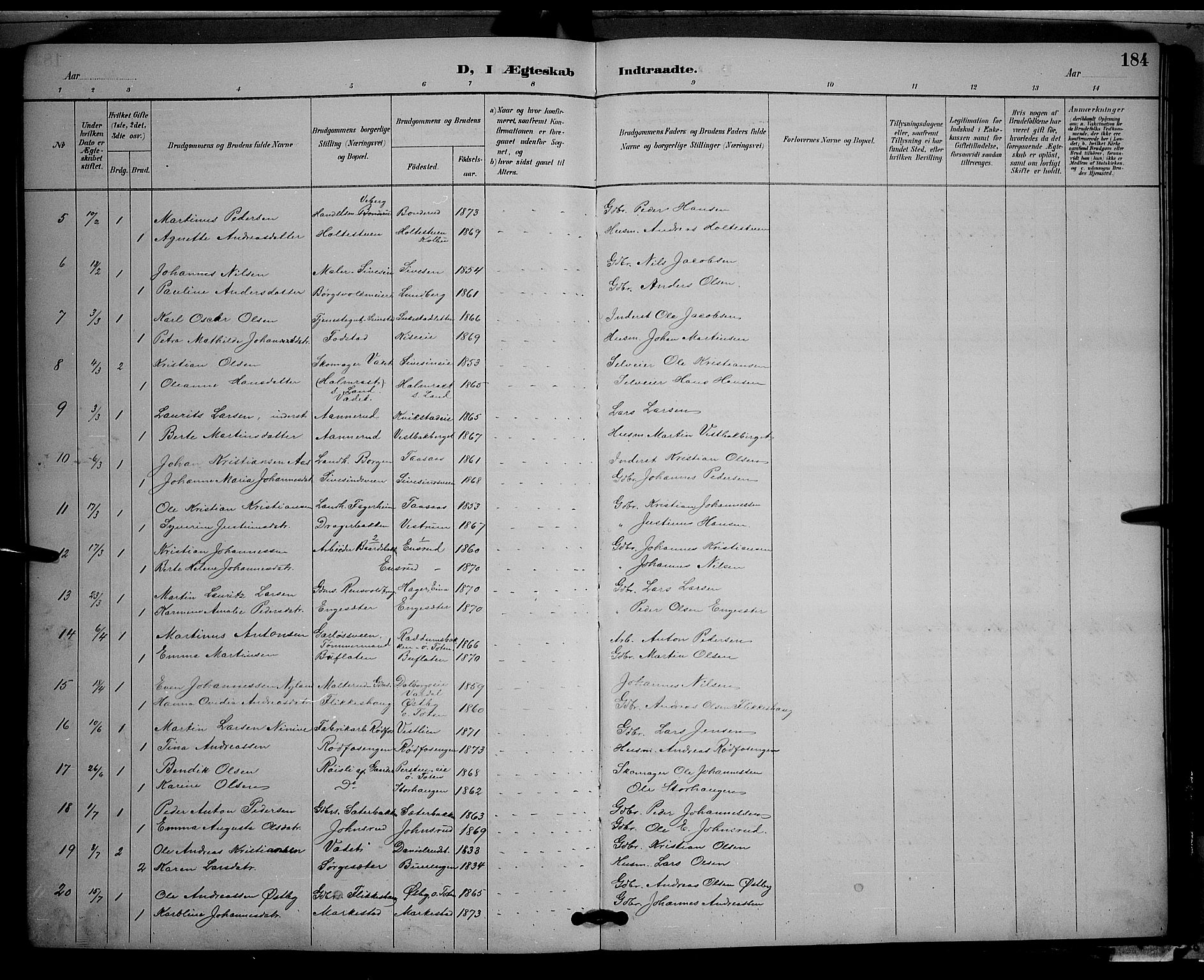 Vestre Toten prestekontor, SAH/PREST-108/H/Ha/Hab/L0009: Parish register (copy) no. 9, 1888-1900, p. 184
