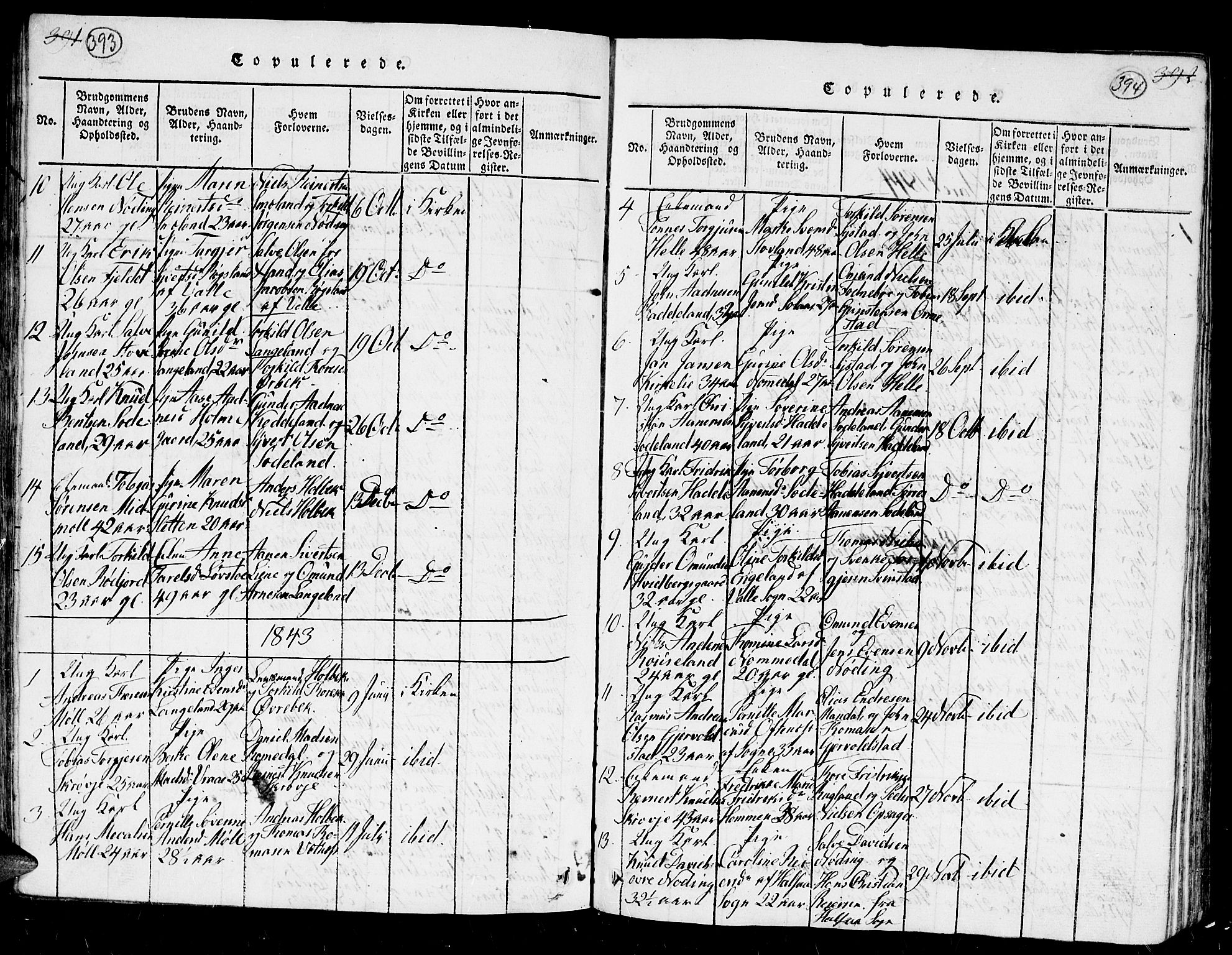Holum sokneprestkontor, SAK/1111-0022/F/Fb/Fba/L0002: Parish register (copy) no. B 2, 1820-1849, p. 393-394