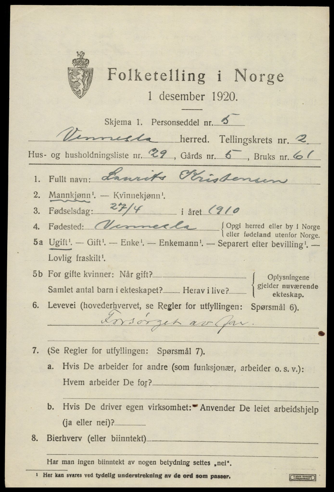 SAK, 1920 census for Vennesla, 1920, p. 1826