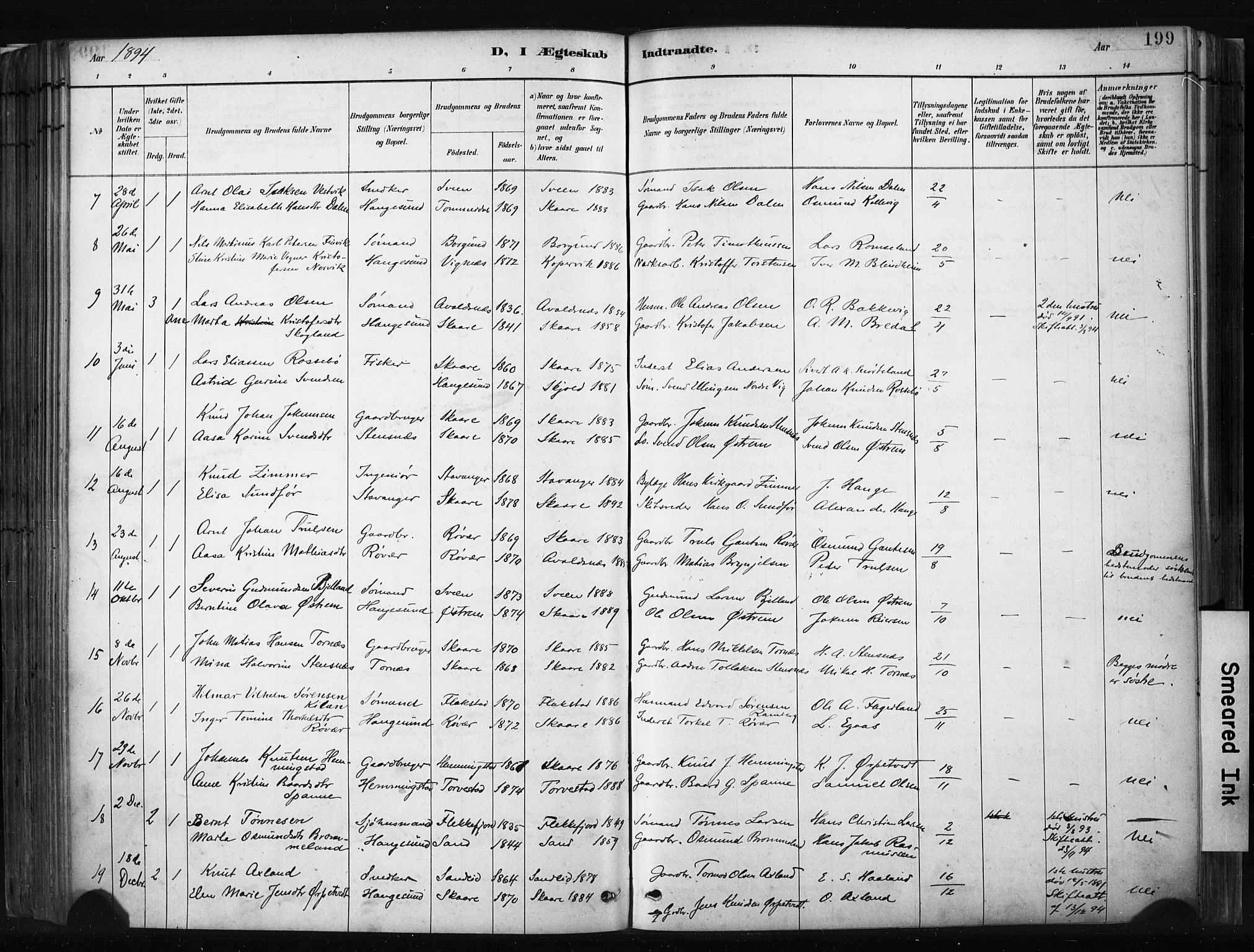 Haugesund sokneprestkontor, AV/SAST-A -101863/H/Ha/Haa/L0004: Parish register (official) no. A 4, 1886-1908, p. 199