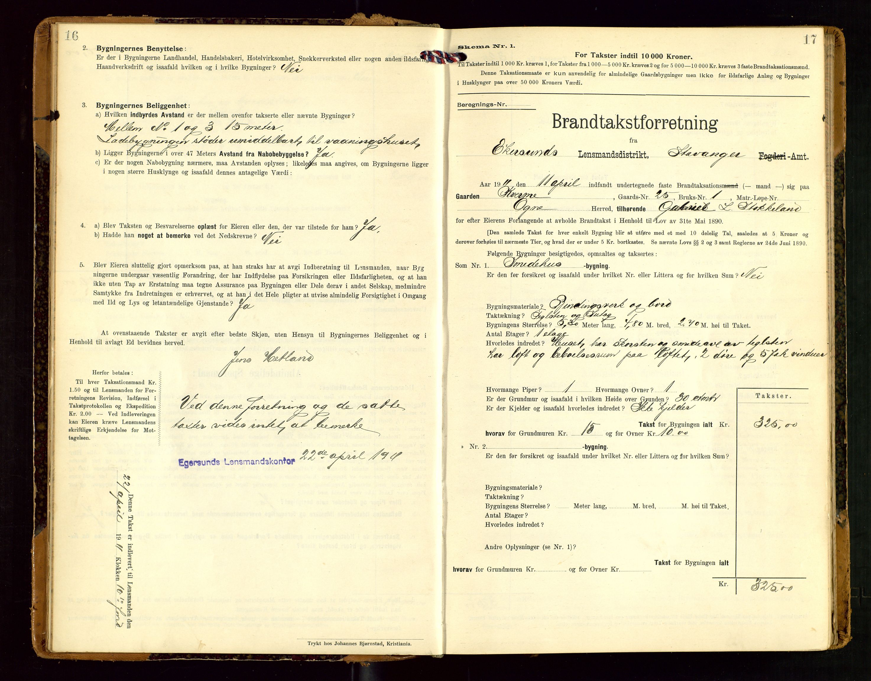 Eigersund lensmannskontor, AV/SAST-A-100171/Gob/L0002: "Brandtakstprotokol", 1910-1916, p. 16-17