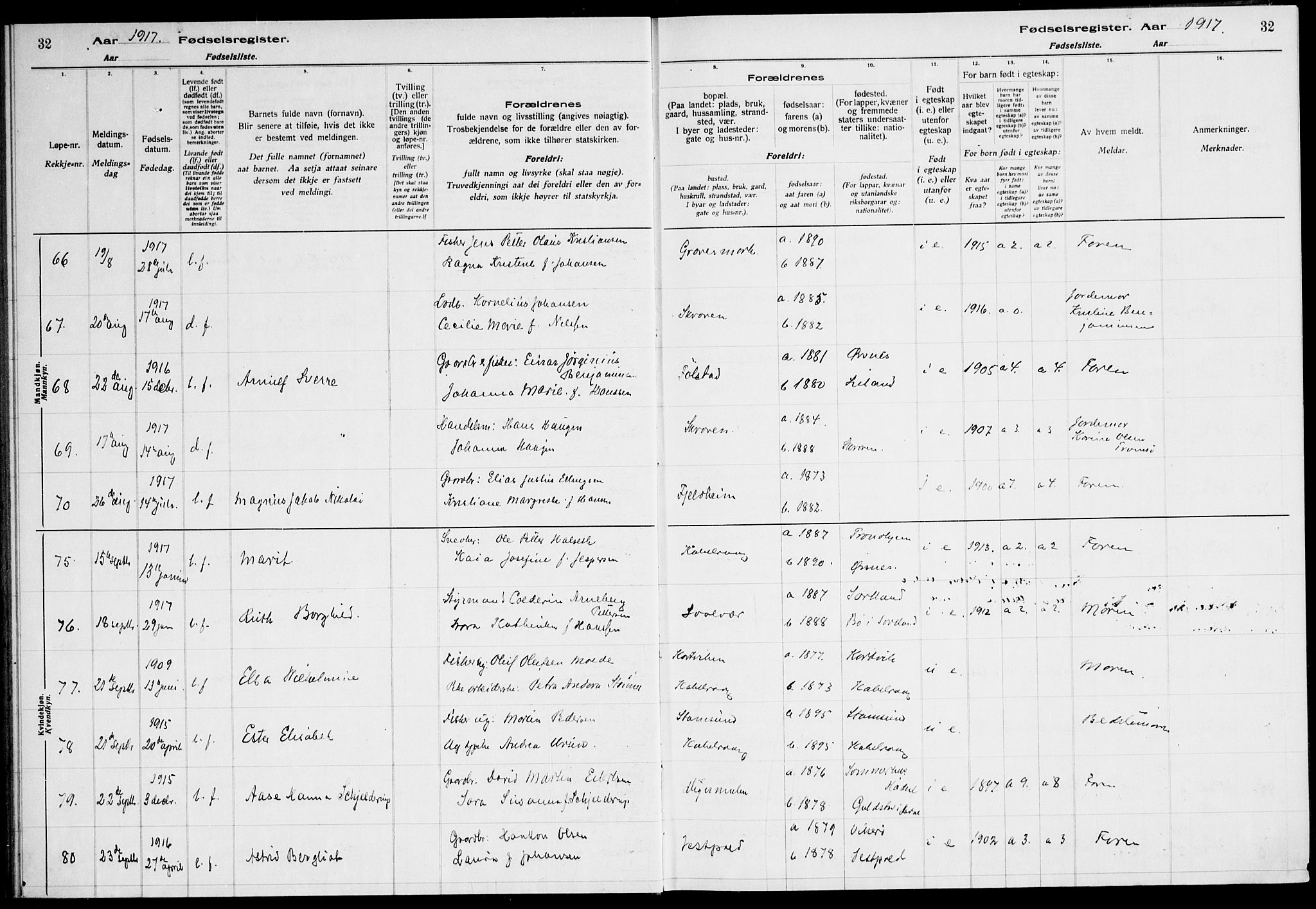 Ministerialprotokoller, klokkerbøker og fødselsregistre - Nordland, SAT/A-1459/874/L1089: Birth register no. 874.II.4.1, 1916-1926, p. 32