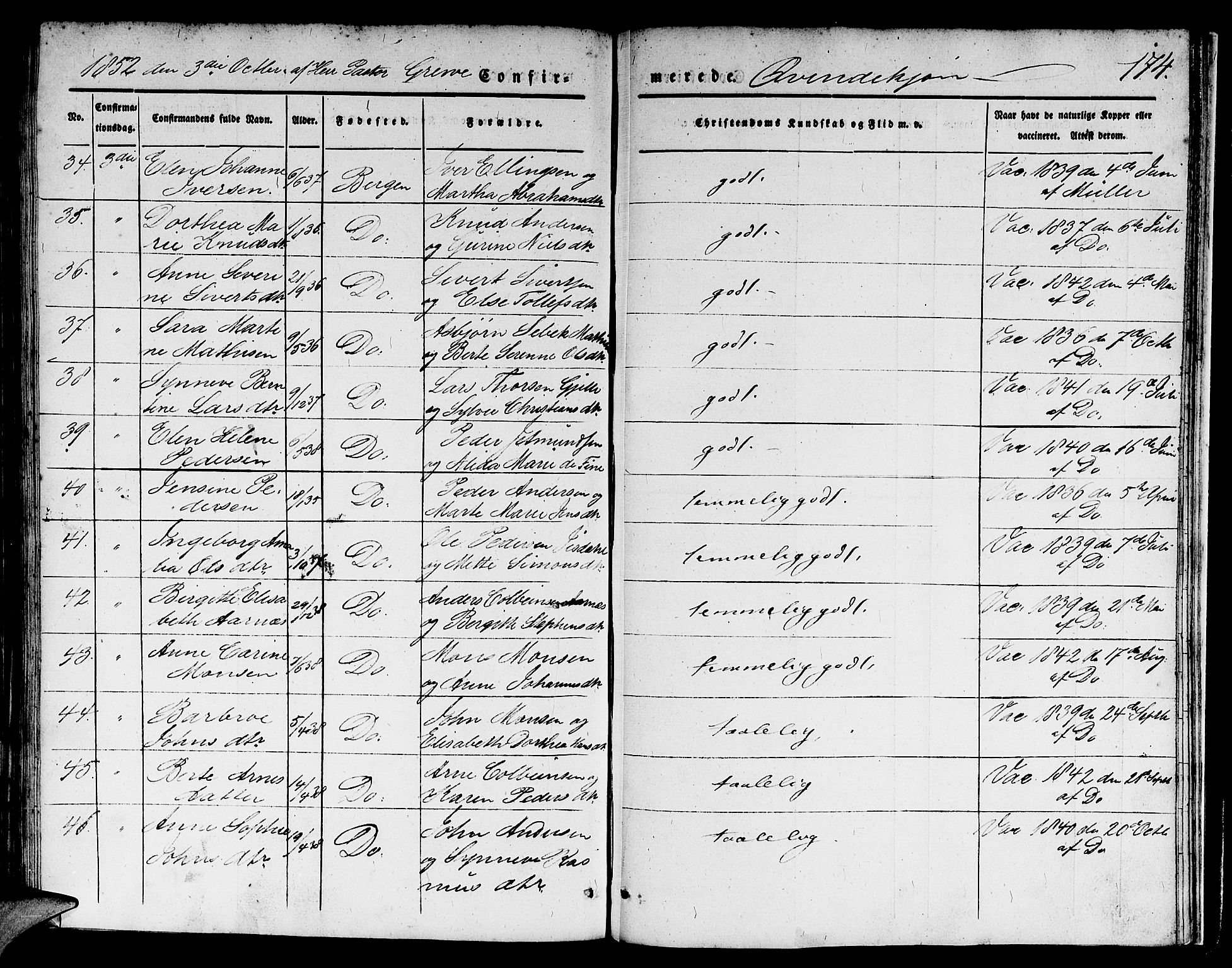 Domkirken sokneprestembete, SAB/A-74801/H/Hab/L0022: Parish register (copy) no. C 2, 1839-1854, p. 174