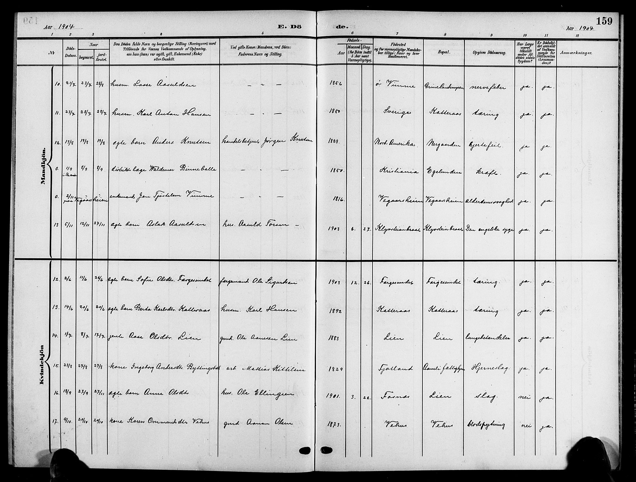 Åmli sokneprestkontor, AV/SAK-1111-0050/F/Fb/Fbc/L0005: Parish register (copy) no. B 5, 1903-1916, p. 159