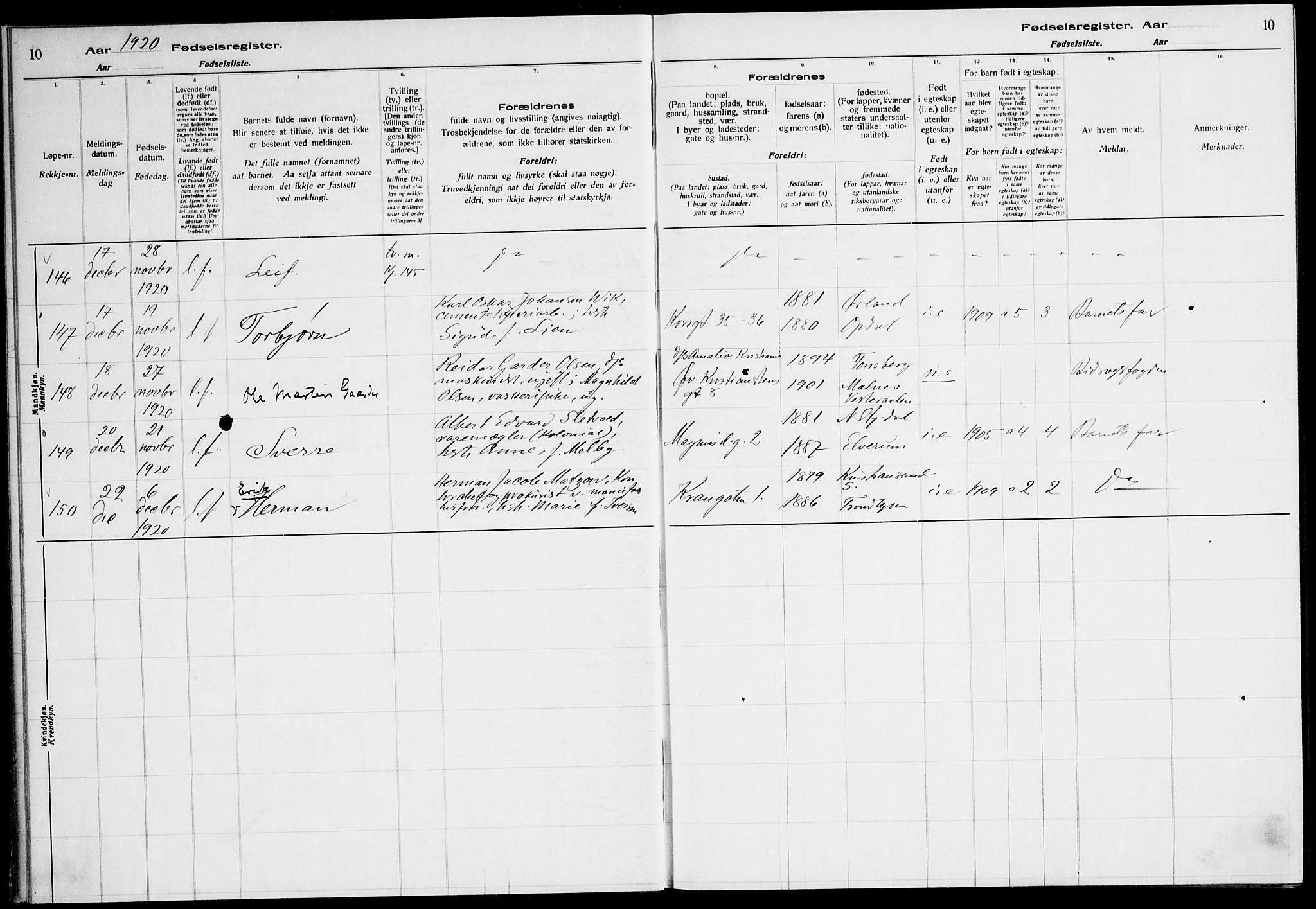 Ministerialprotokoller, klokkerbøker og fødselsregistre - Sør-Trøndelag, AV/SAT-A-1456/604/L0233: Birth register no. 604.II.4.2, 1920-1928, p. 10