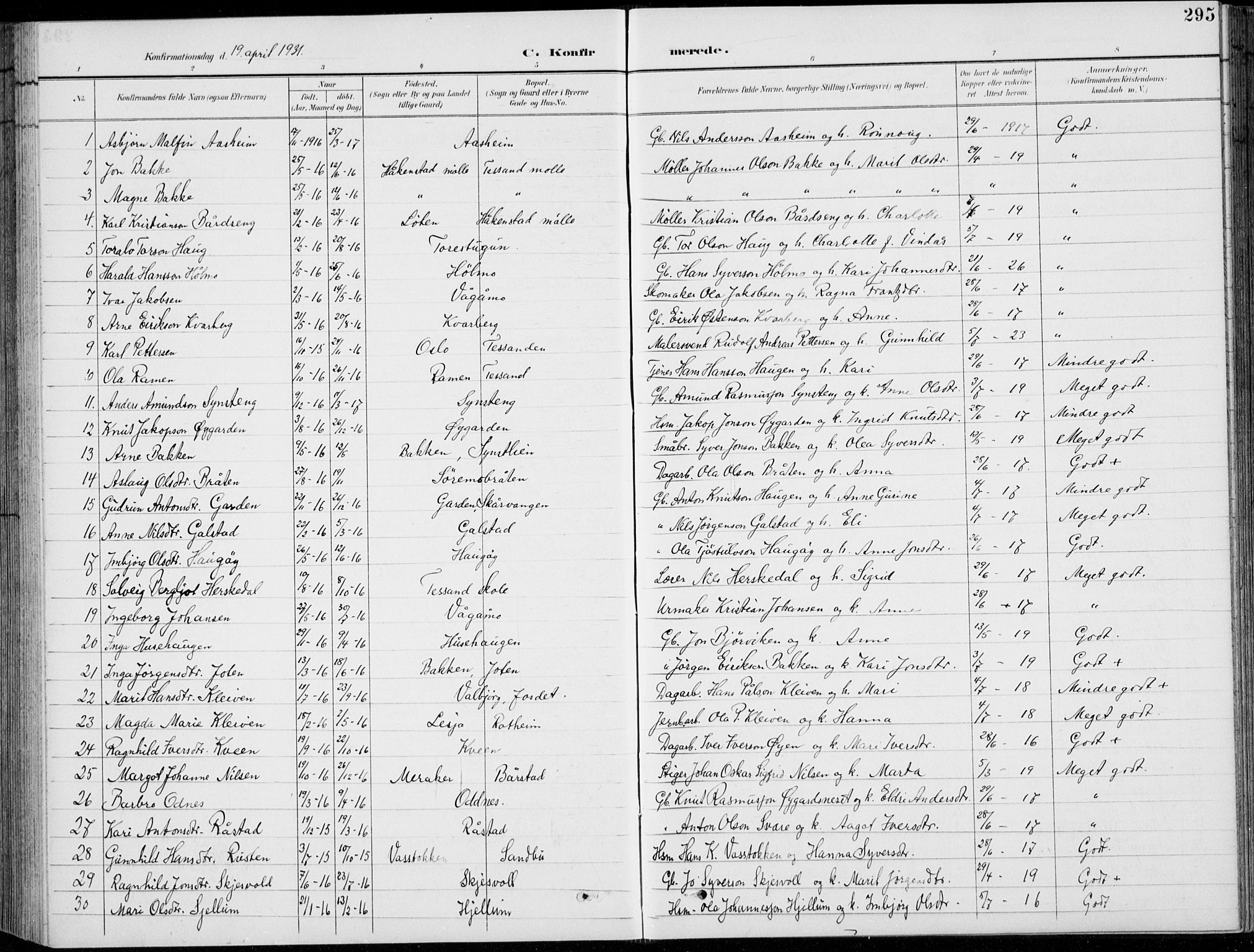 Vågå prestekontor, AV/SAH-PREST-076/H/Ha/Hab/L0002: Parish register (copy) no. 2, 1894-1939, p. 295