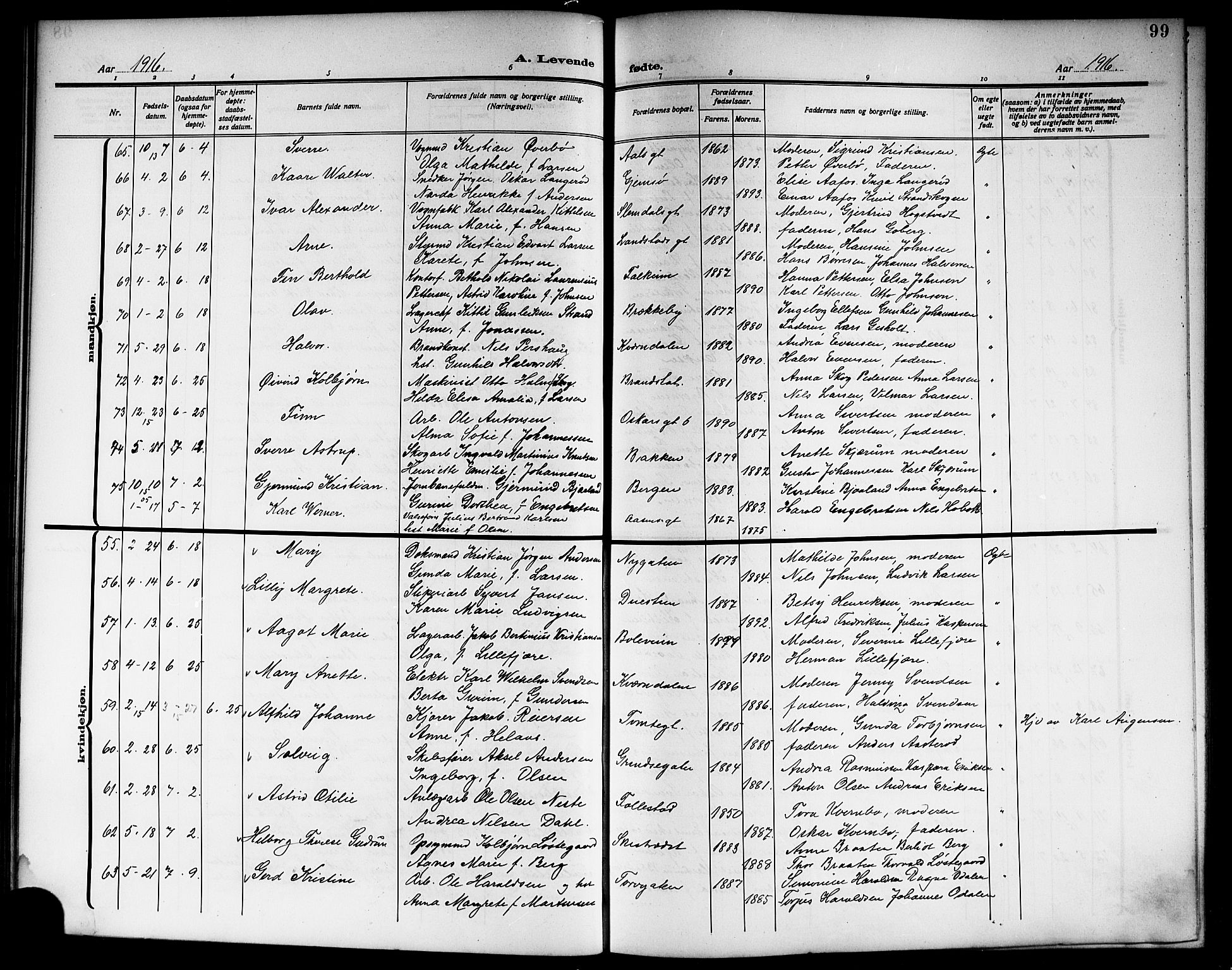 Skien kirkebøker, SAKO/A-302/G/Ga/L0009: Parish register (copy) no. 9, 1910-1920, p. 99