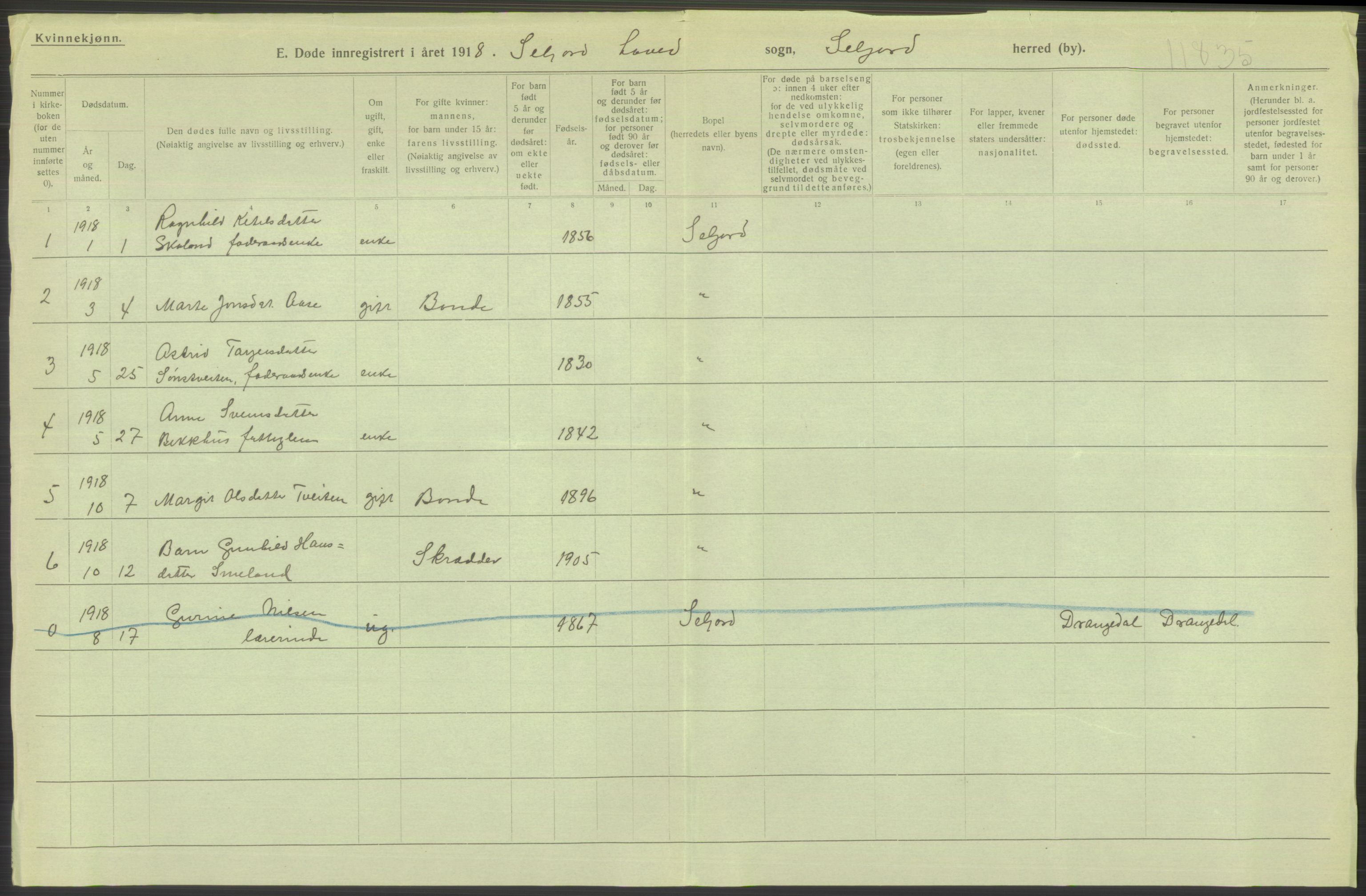 Statistisk sentralbyrå, Sosiodemografiske emner, Befolkning, AV/RA-S-2228/D/Df/Dfb/Dfbh/L0026: Telemark fylke: Døde. Bygder og byer., 1918, p. 300