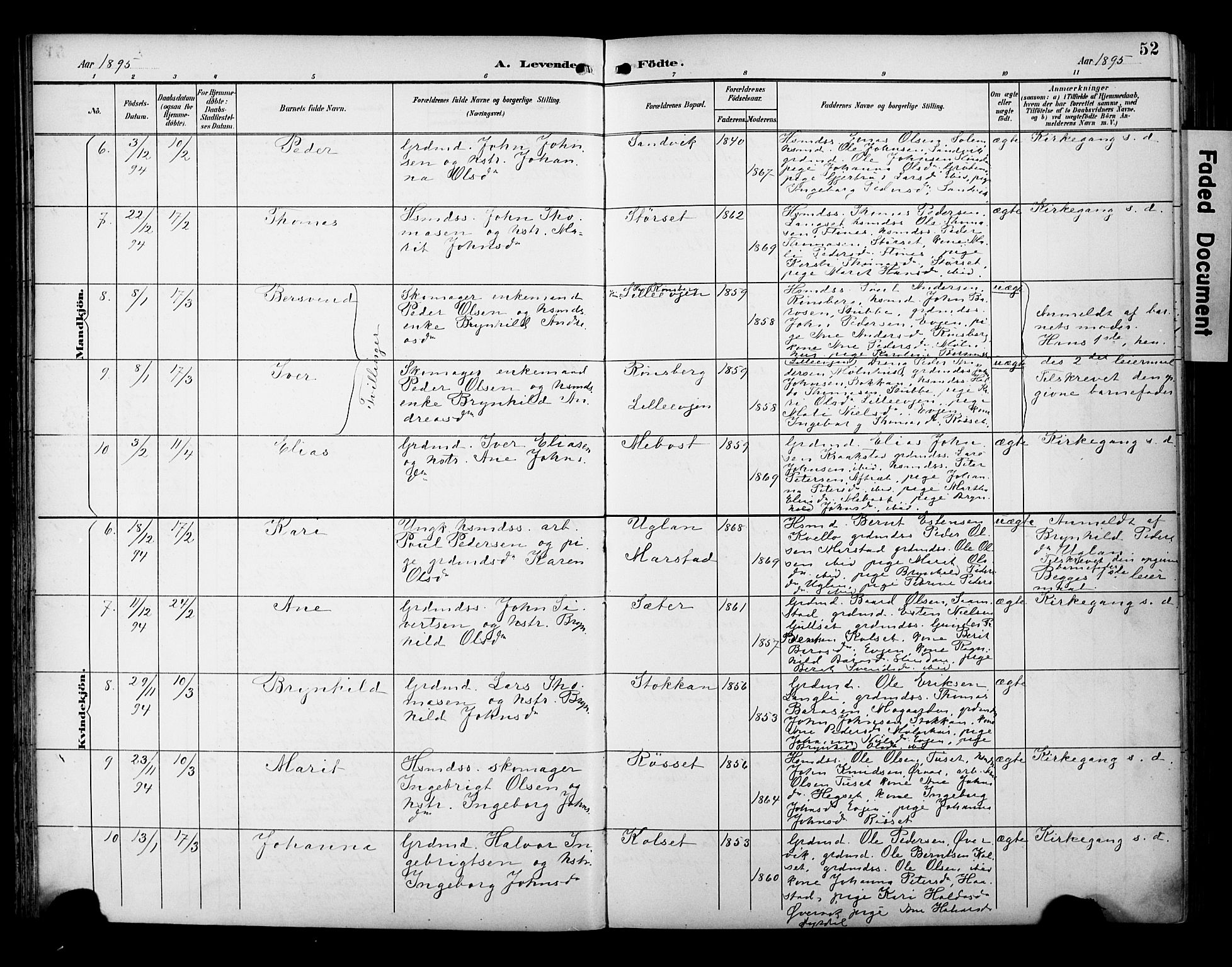 Ministerialprotokoller, klokkerbøker og fødselsregistre - Sør-Trøndelag, SAT/A-1456/695/L1149: Parish register (official) no. 695A09, 1891-1902, p. 52