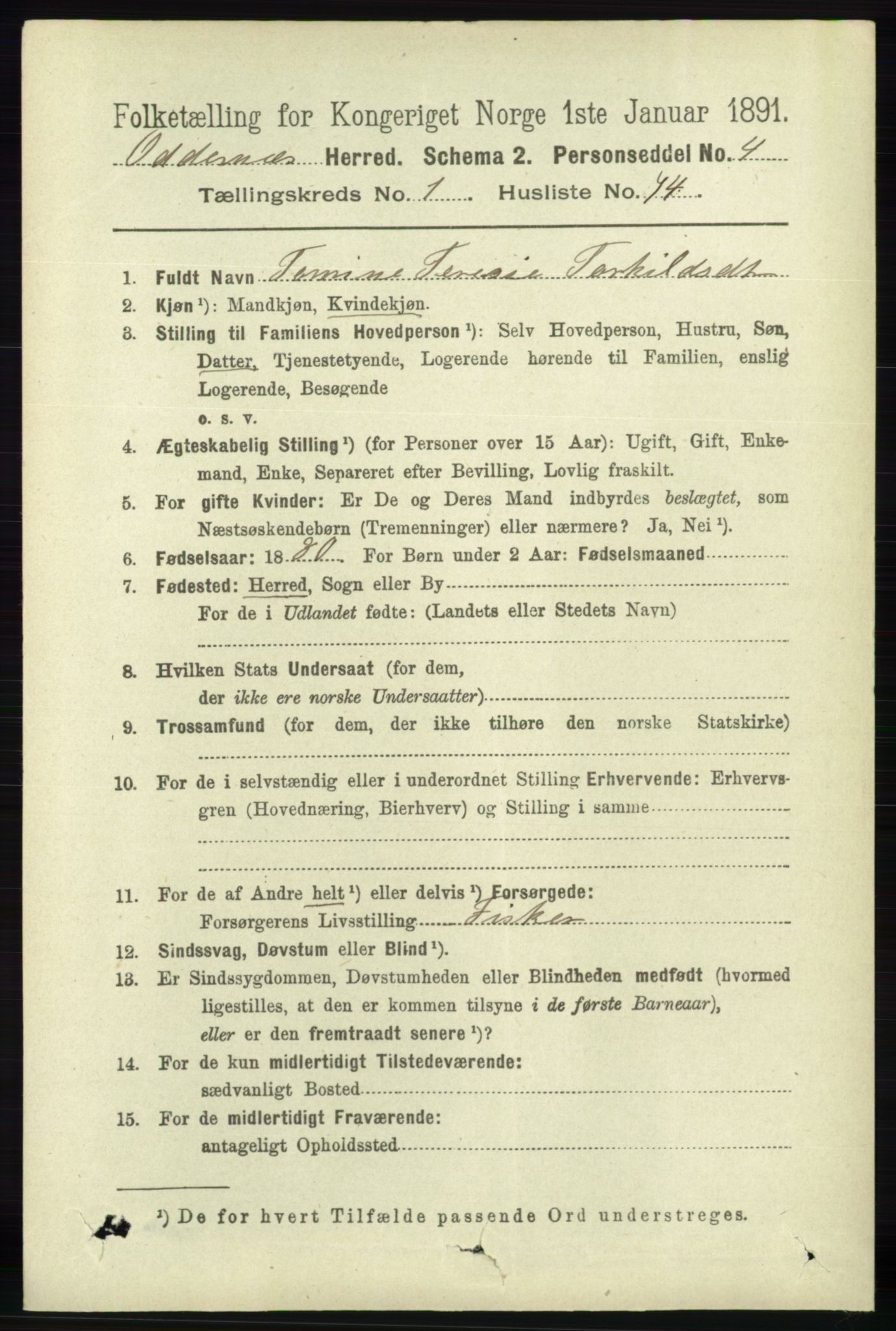 RA, 1891 census for 1012 Oddernes, 1891, p. 520