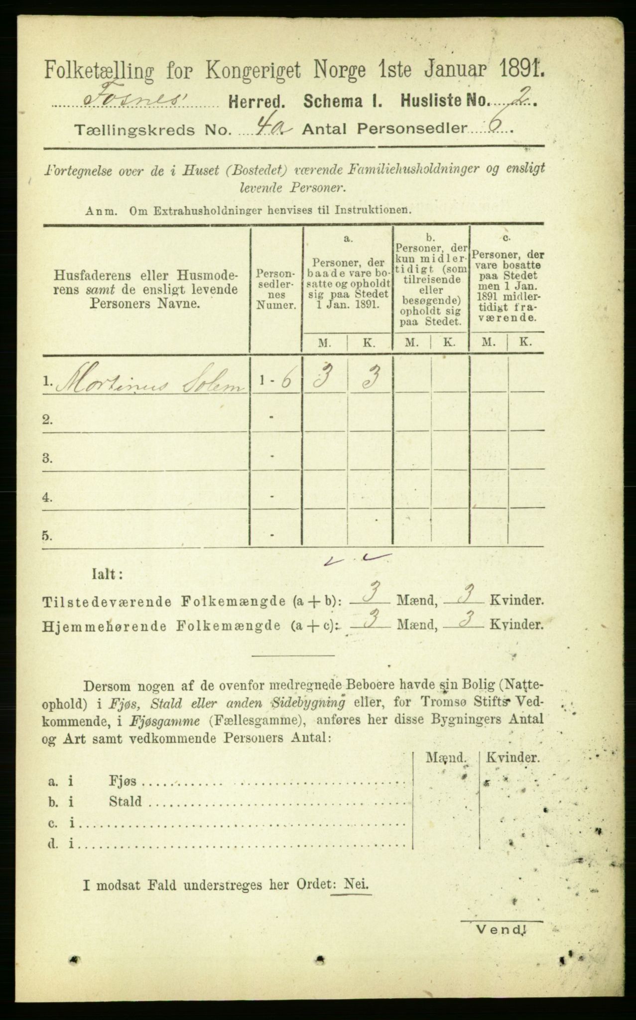 RA, 1891 census for 1748 Fosnes, 1891, p. 1339