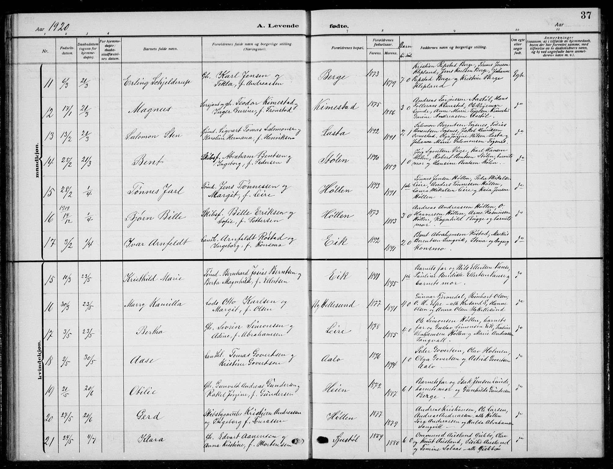 Søgne sokneprestkontor, SAK/1111-0037/F/Fb/Fbb/L0007: Parish register (copy) no. B 7, 1912-1931, p. 37