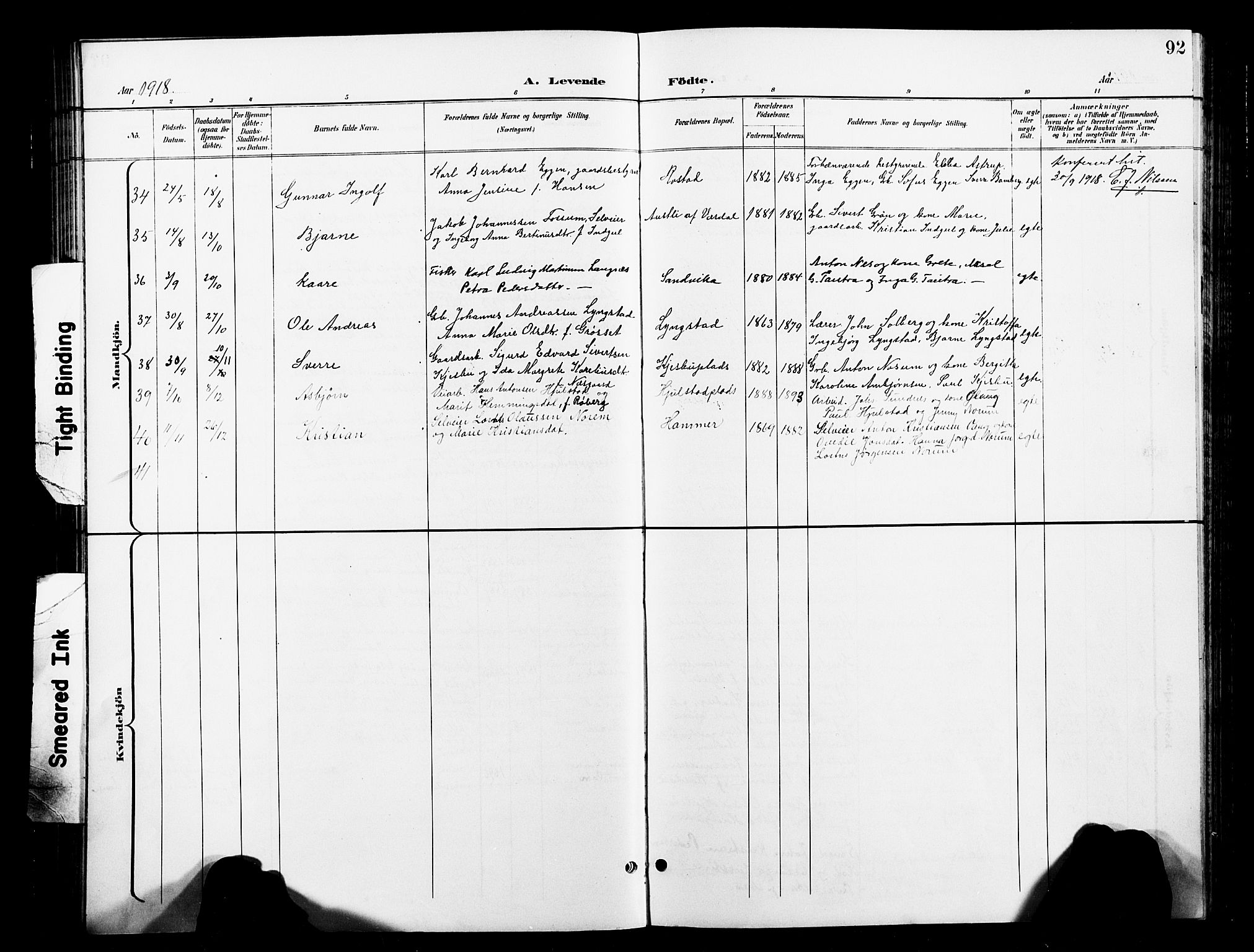 Ministerialprotokoller, klokkerbøker og fødselsregistre - Nord-Trøndelag, AV/SAT-A-1458/730/L0302: Parish register (copy) no. 730C05, 1898-1924, p. 92