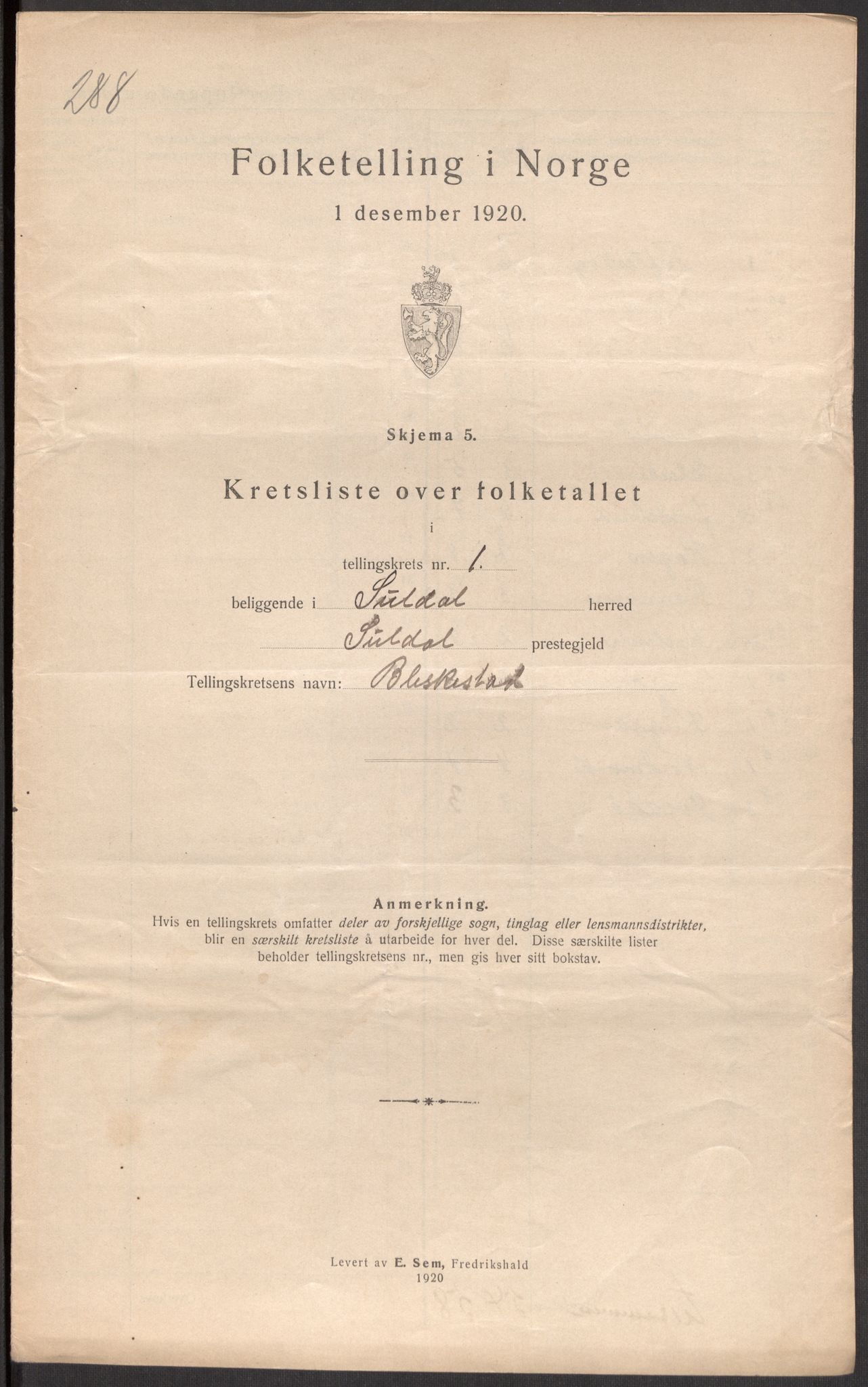 SAST, 1920 census for Suldal, 1920, p. 7