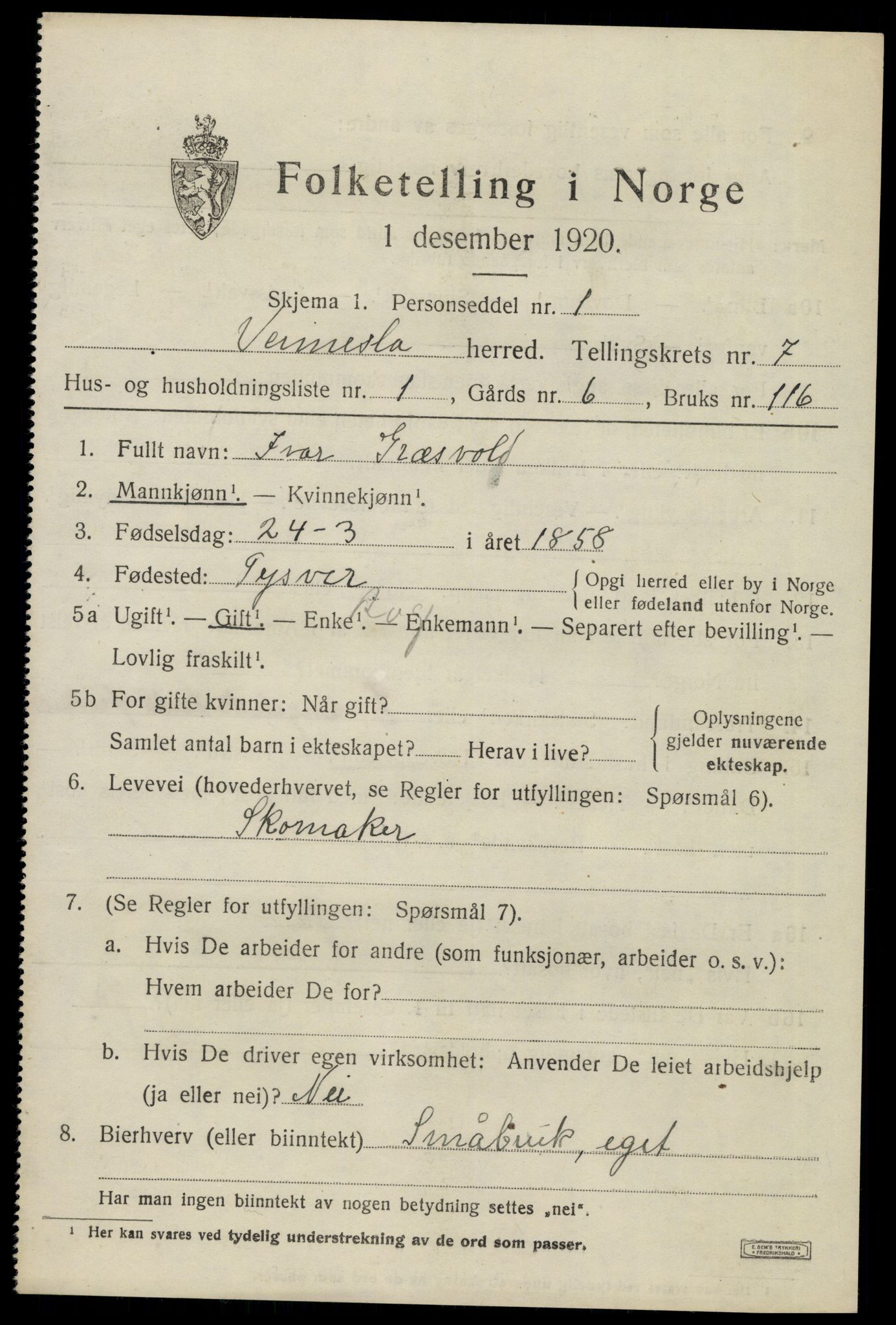 SAK, 1920 census for Vennesla, 1920, p. 4724