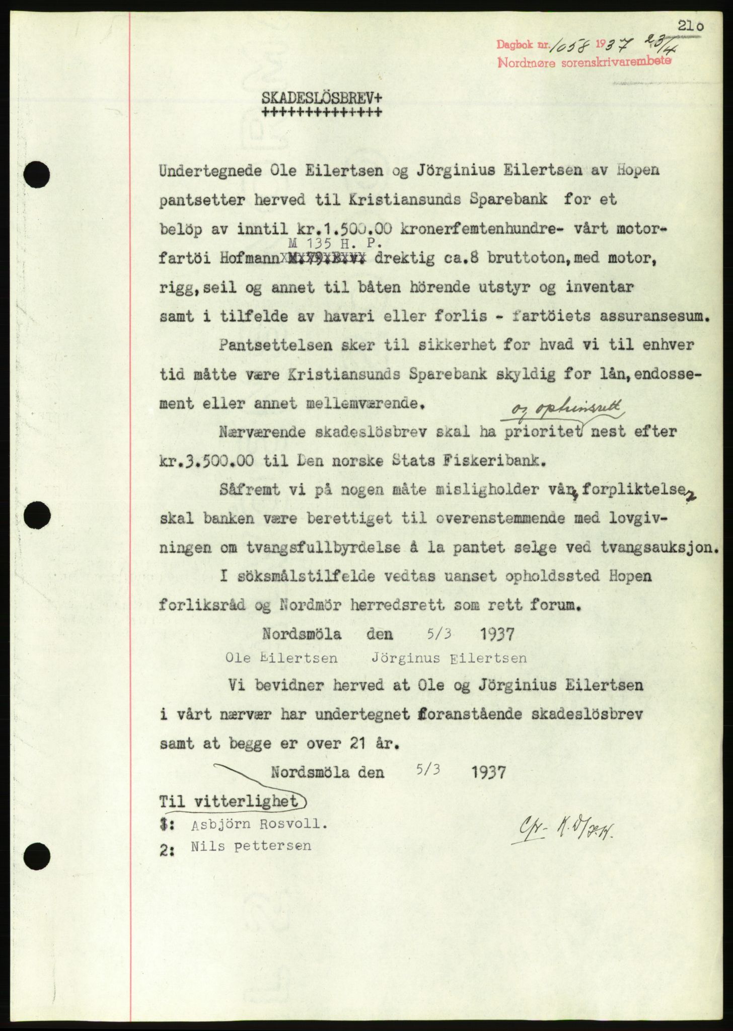 Nordmøre sorenskriveri, AV/SAT-A-4132/1/2/2Ca/L0091: Mortgage book no. B81, 1937-1937, Diary no: : 1058/1937