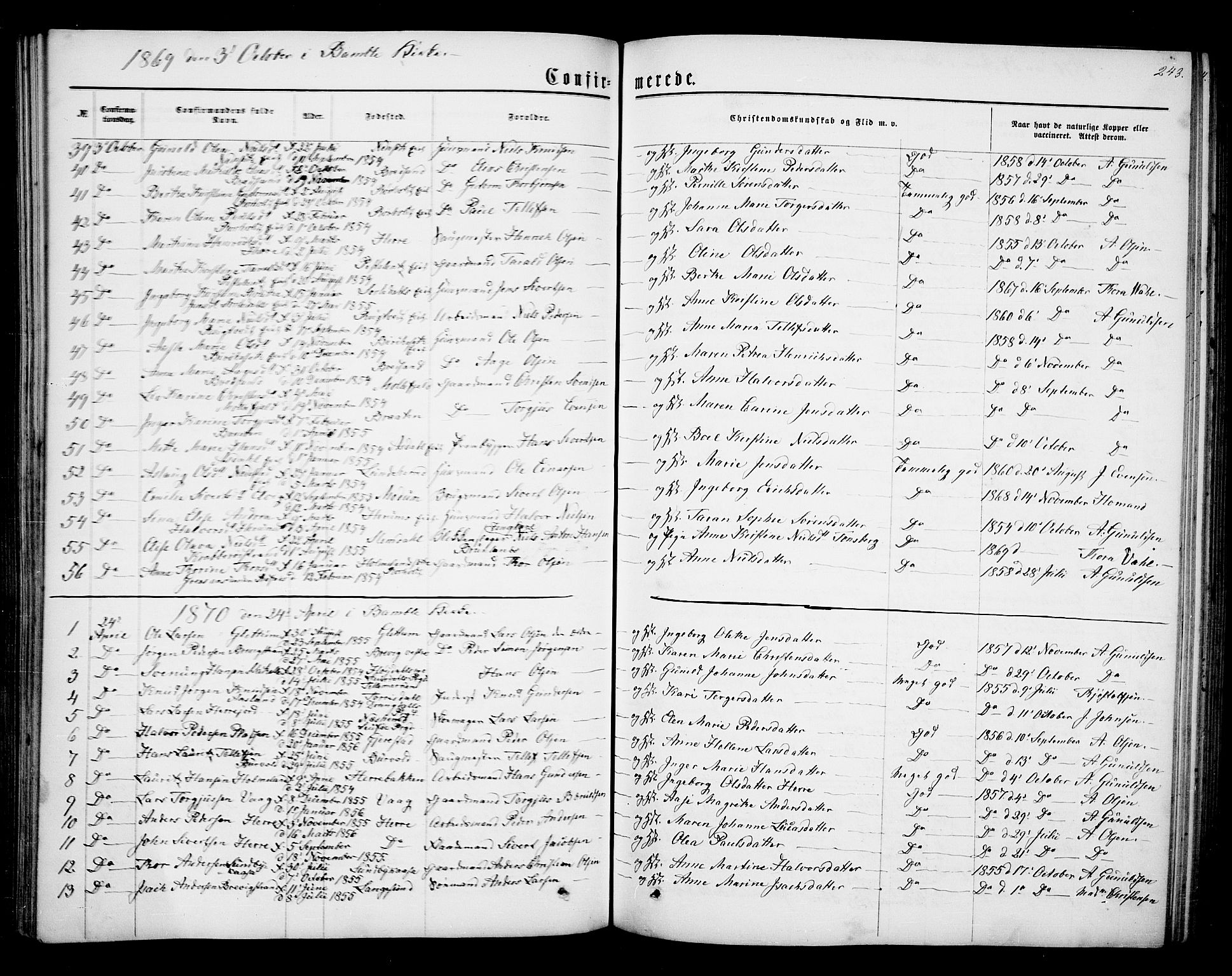 Bamble kirkebøker, SAKO/A-253/G/Ga/L0006: Parish register (copy) no. I 6, 1860-1876, p. 243