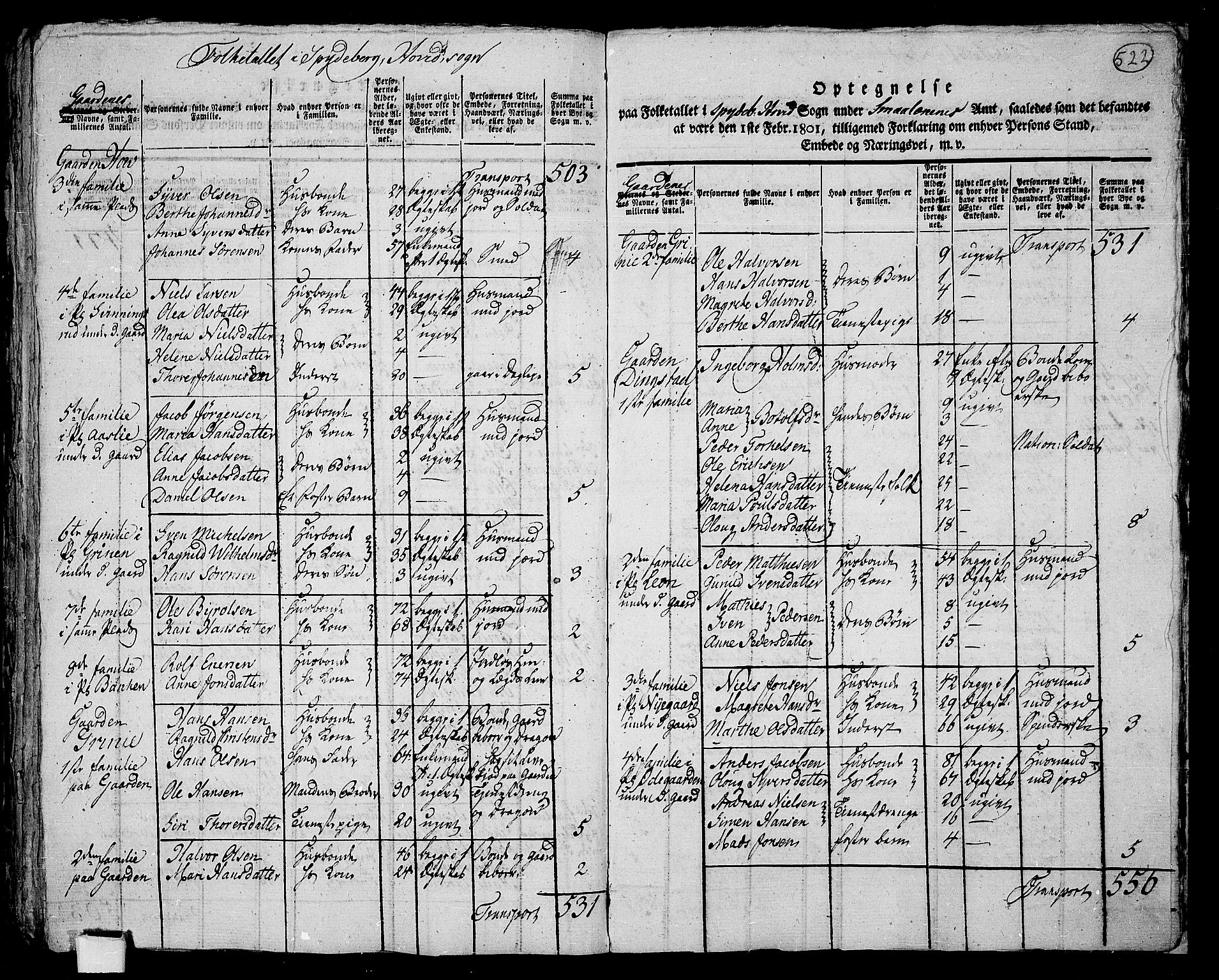 RA, 1801 census for 0123P Spydeberg, 1801, p. 521b-522a