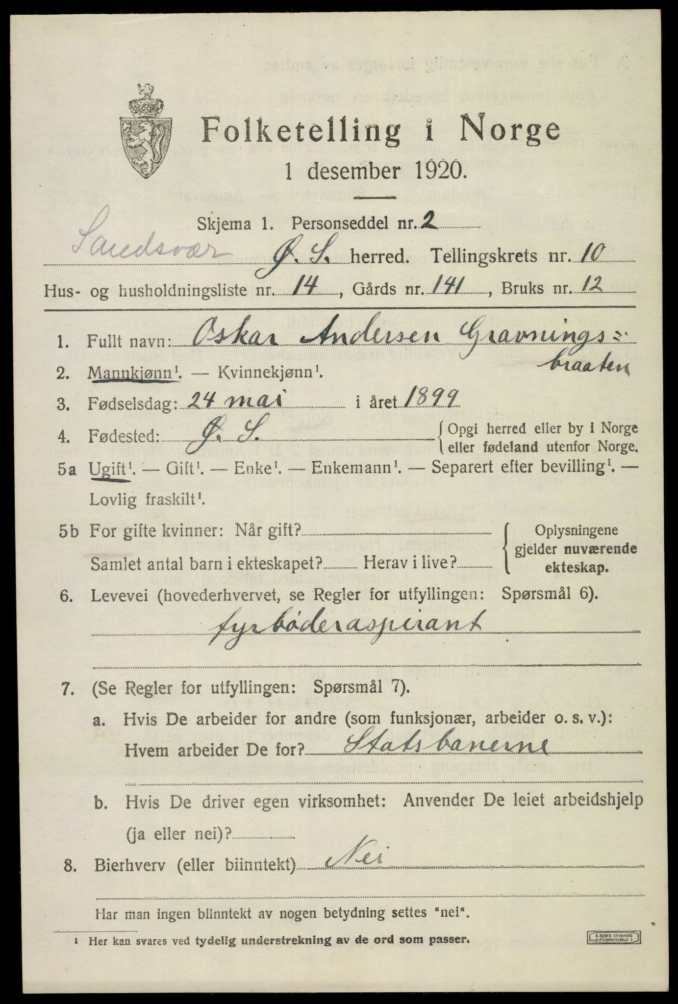 SAKO, 1920 census for Øvre Sandsvær, 1920, p. 5698