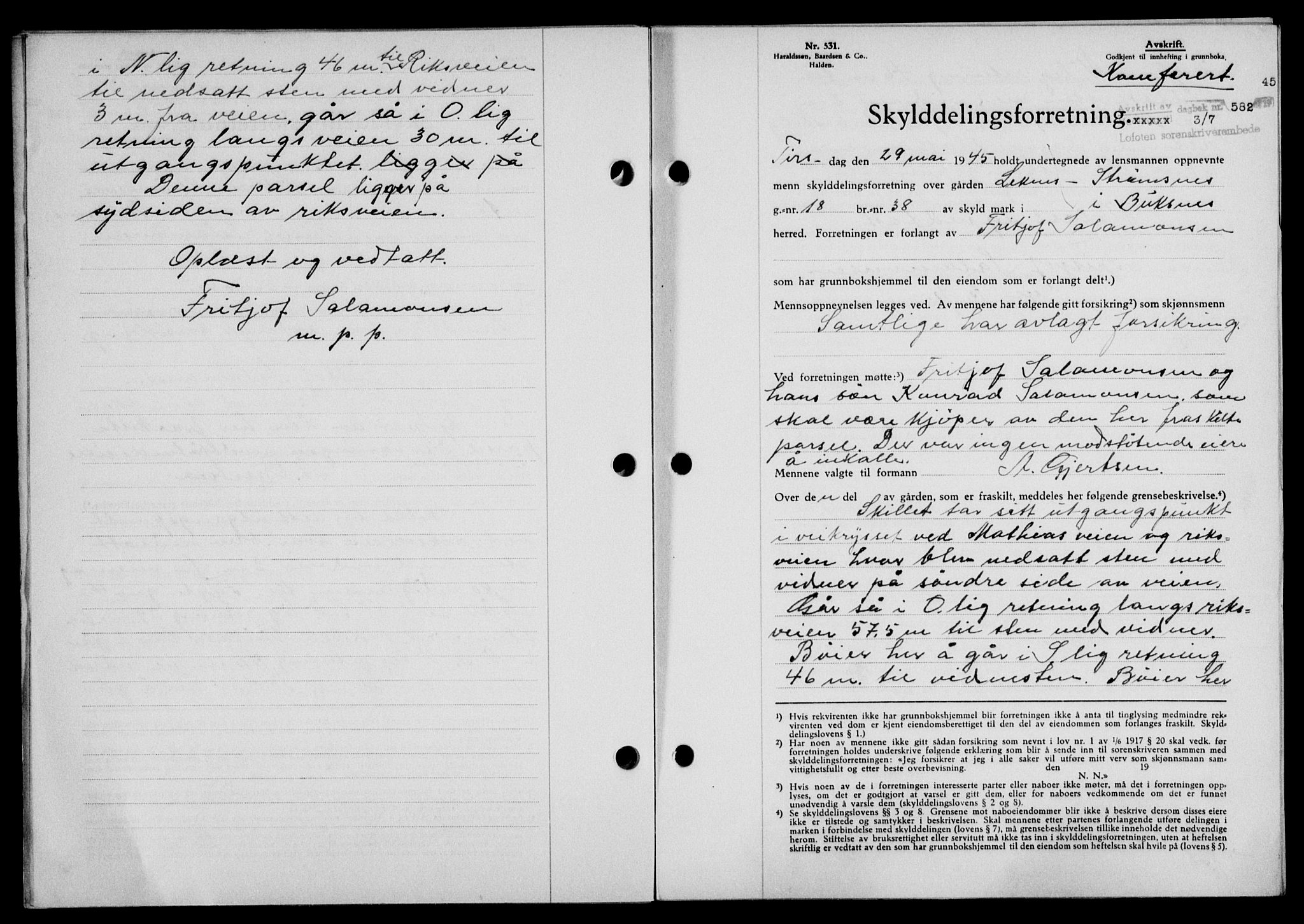 Lofoten sorenskriveri, SAT/A-0017/1/2/2C/L0013a: Mortgage book no. 13a, 1944-1946, Diary no: : 564/1945