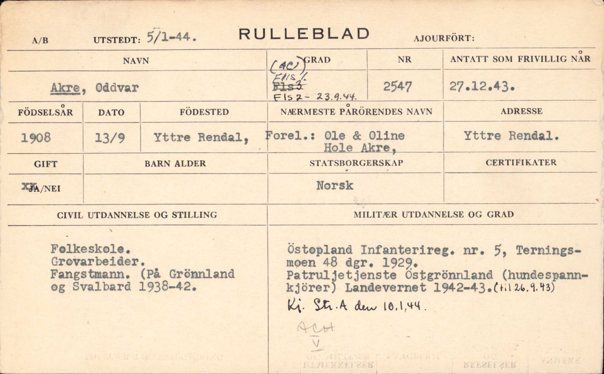 Forsvaret, Forsvarets overkommando/Luftforsvarsstaben, AV/RA-RAFA-4079/P/Pa/L0020: Personellpapirer, 1908, p. 5