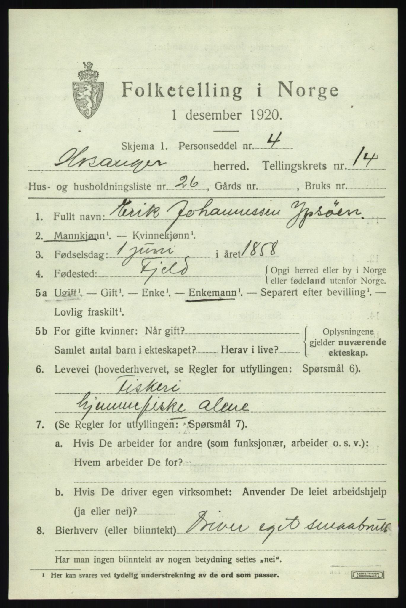 SAB, 1920 census for Hosanger, 1920, p. 5817