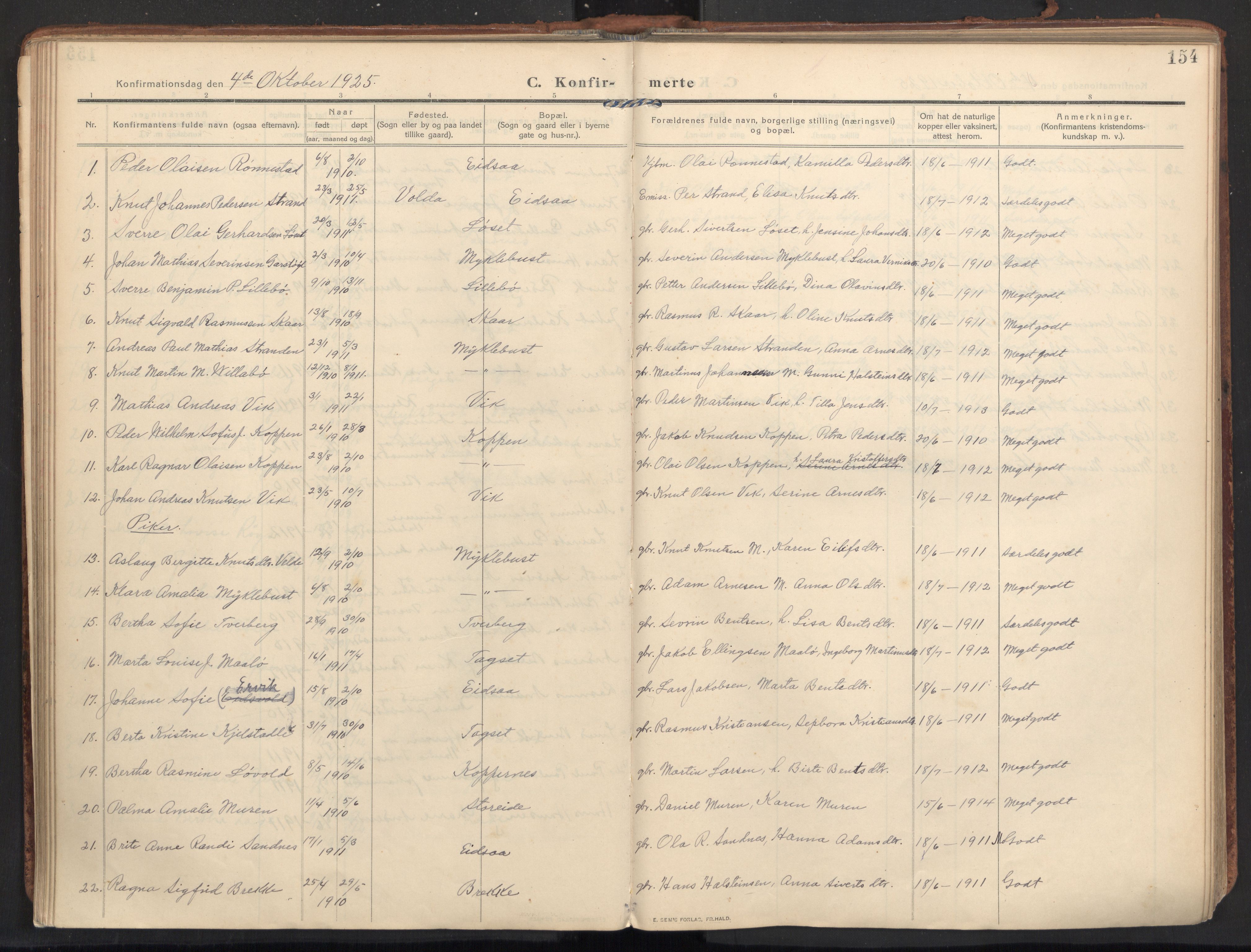 Ministerialprotokoller, klokkerbøker og fødselsregistre - Møre og Romsdal, SAT/A-1454/502/L0026: Parish register (official) no. 502A04, 1909-1933, p. 154
