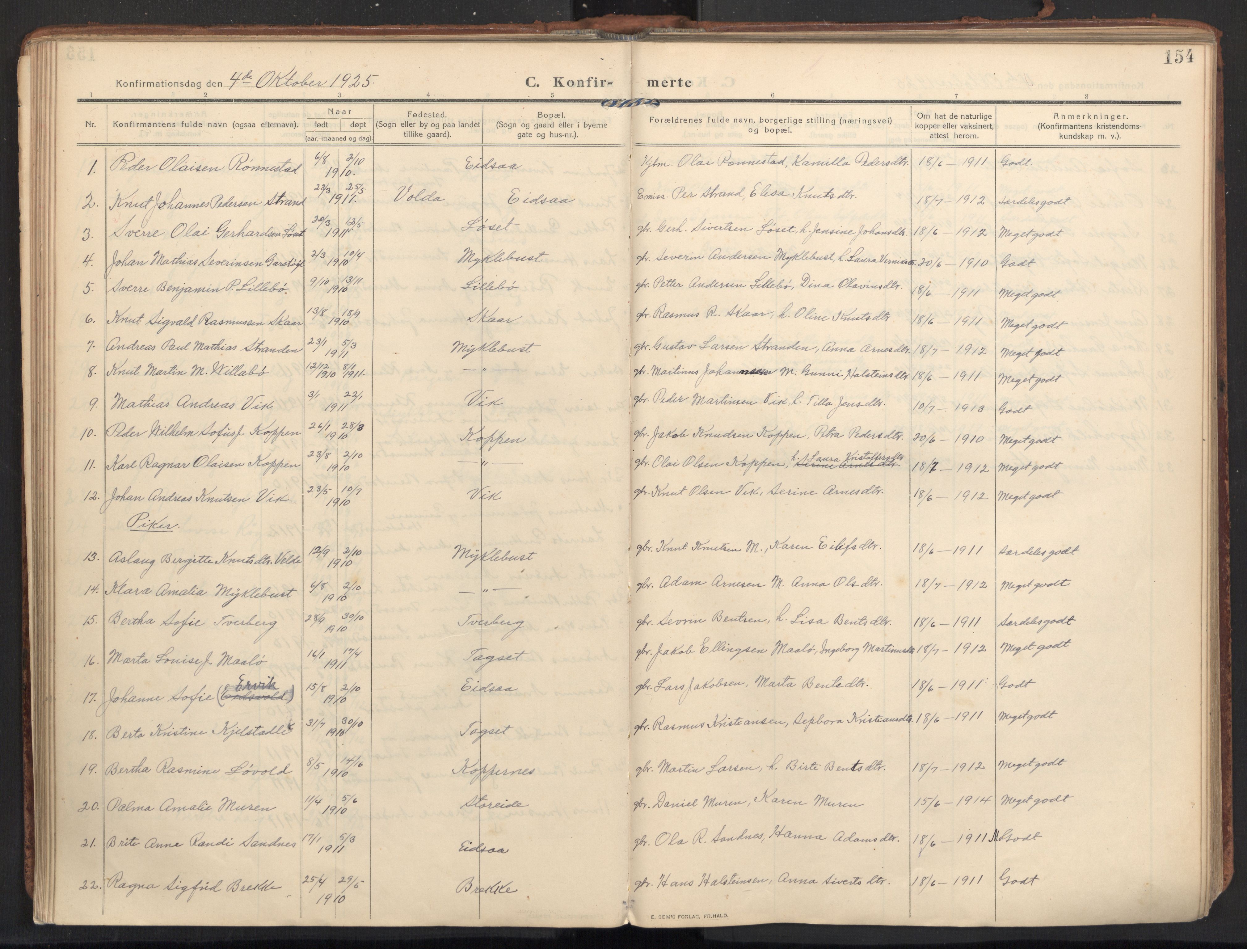 Ministerialprotokoller, klokkerbøker og fødselsregistre - Møre og Romsdal, AV/SAT-A-1454/502/L0026: Parish register (official) no. 502A04, 1909-1933, p. 154