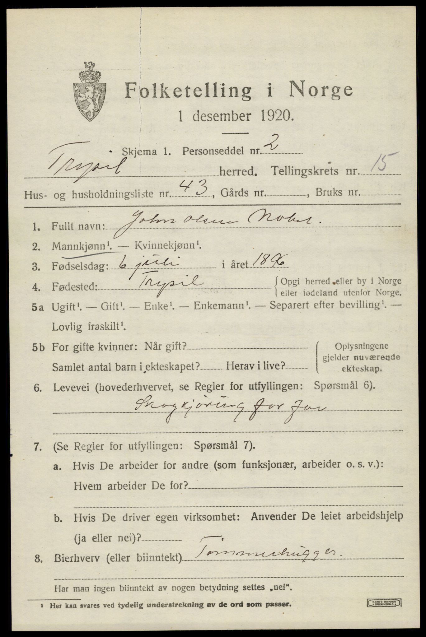 SAH, 1920 census for Trysil, 1920, p. 9409