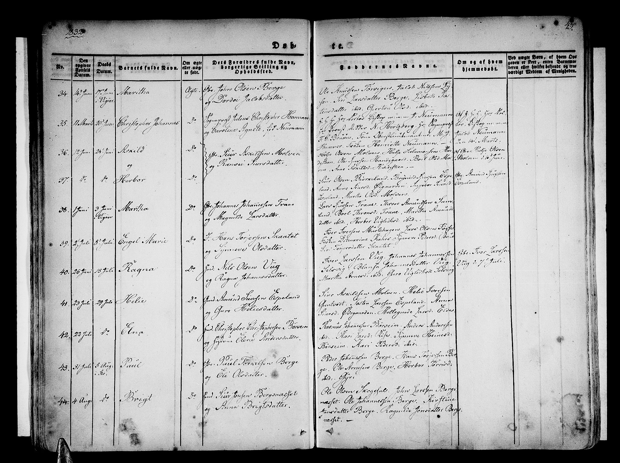 Strandebarm sokneprestembete, AV/SAB-A-78401/H/Haa: Parish register (official) no. A 6, 1826-1843, p. 43