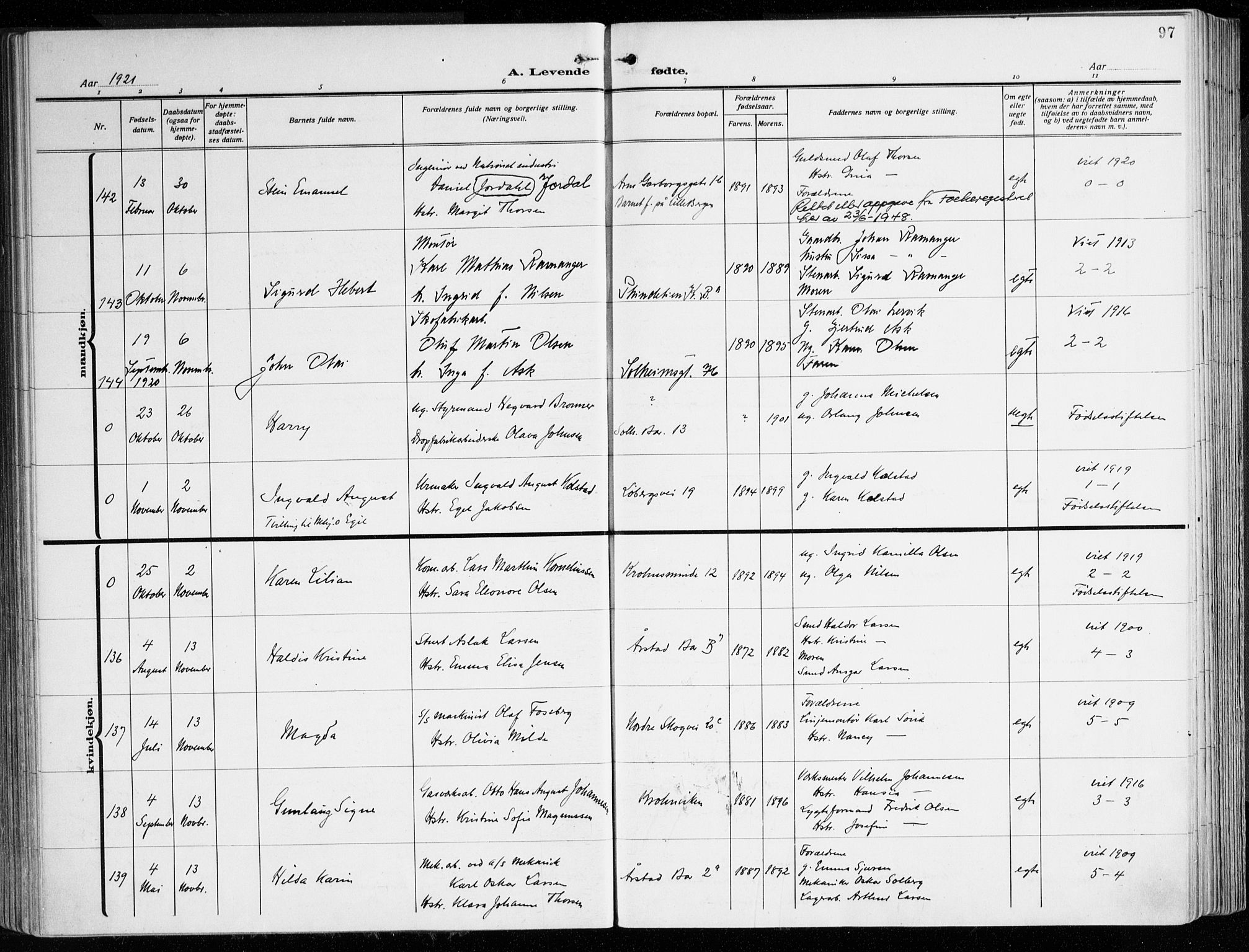 Årstad Sokneprestembete, AV/SAB-A-79301/H/Haa/L0004: Parish register (official) no. A 4, 1919-1928, p. 97