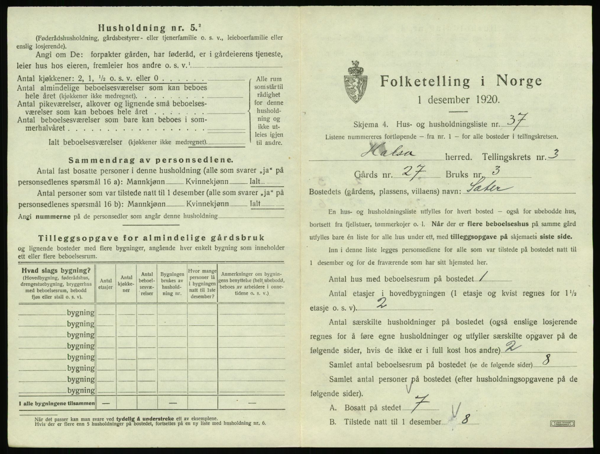 SAT, 1920 census for Halsa, 1920, p. 216