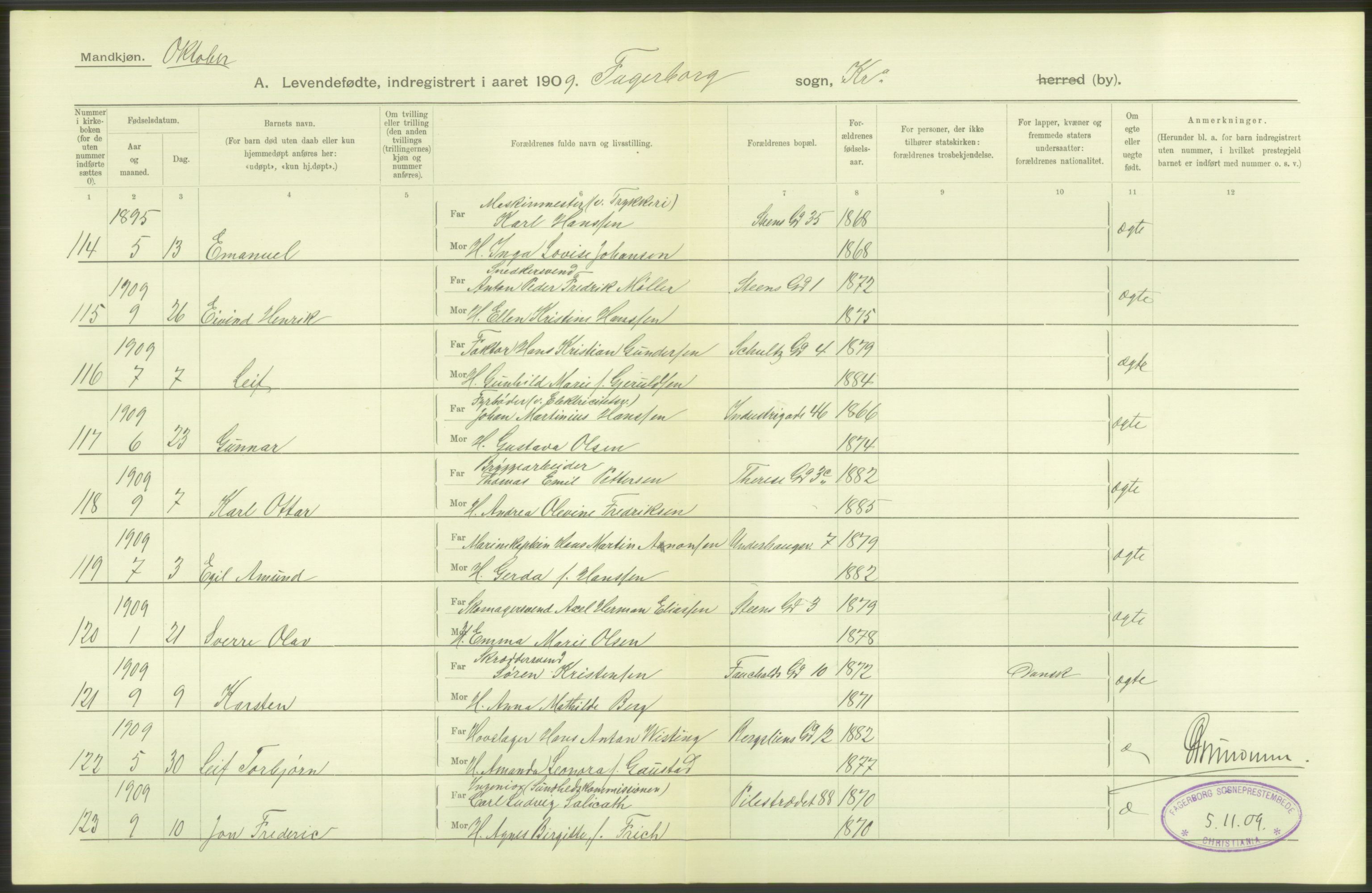 Statistisk sentralbyrå, Sosiodemografiske emner, Befolkning, AV/RA-S-2228/D/Df/Dfa/Dfag/L0007: Kristiania: Levendefødte menn og kvinner., 1909, p. 74