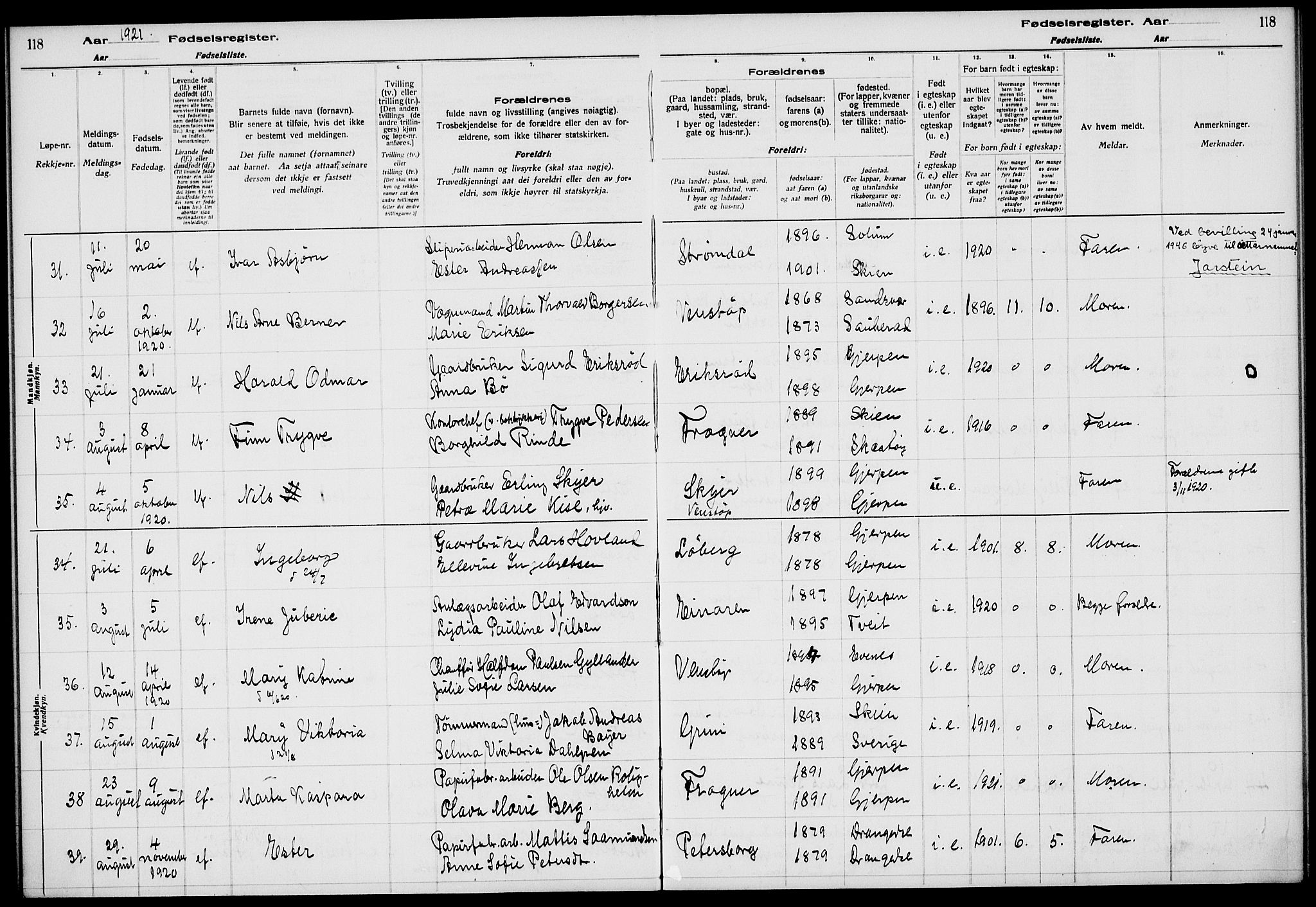 Gjerpen kirkebøker, AV/SAKO-A-265/J/Ja/L0001: Birth register no. I 1, 1916-1926, p. 118