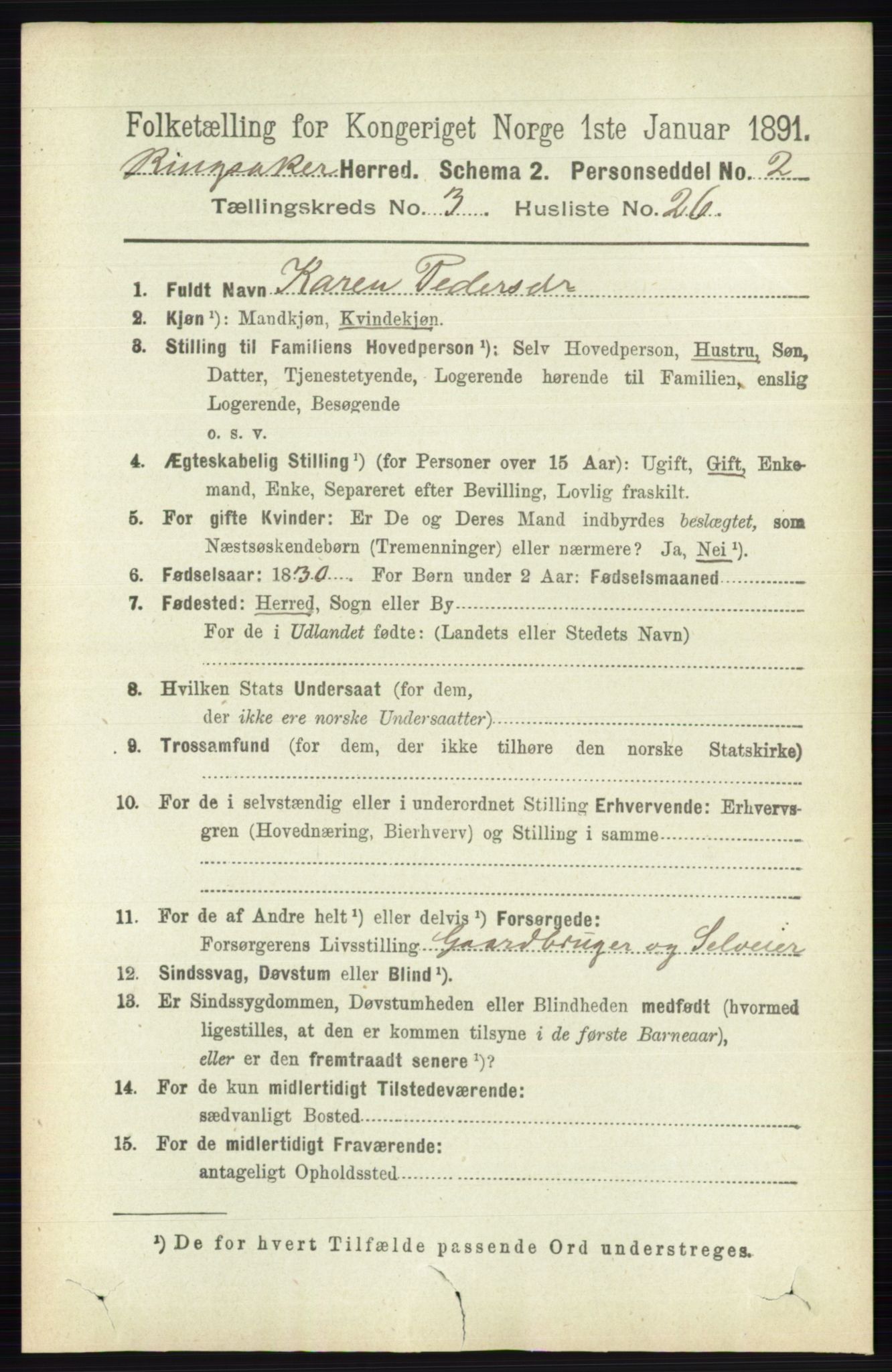 RA, 1891 census for 0412 Ringsaker, 1891, p. 1388