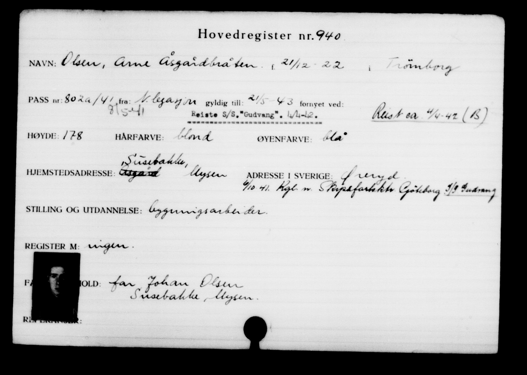 Utenriksstasjonene, Legasjonen i Stockholm, Flyktningkontoret, AV/RA-S-6753/V/Va/L0001: Kjesäterkartoteket, flyktninger med registreringsnr. 1-1000, 1940-1945, p. 1466