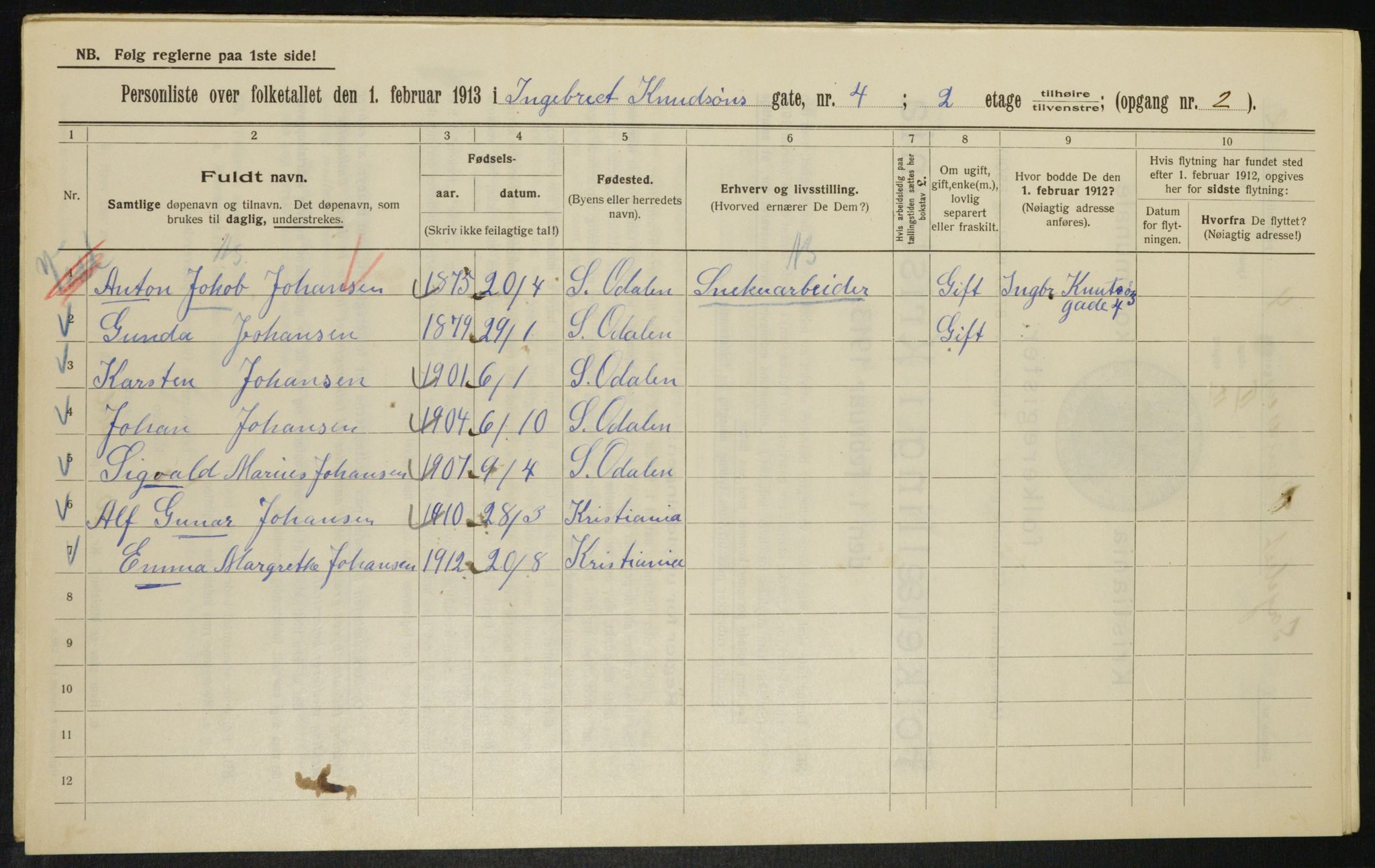 OBA, Municipal Census 1913 for Kristiania, 1913, p. 43653