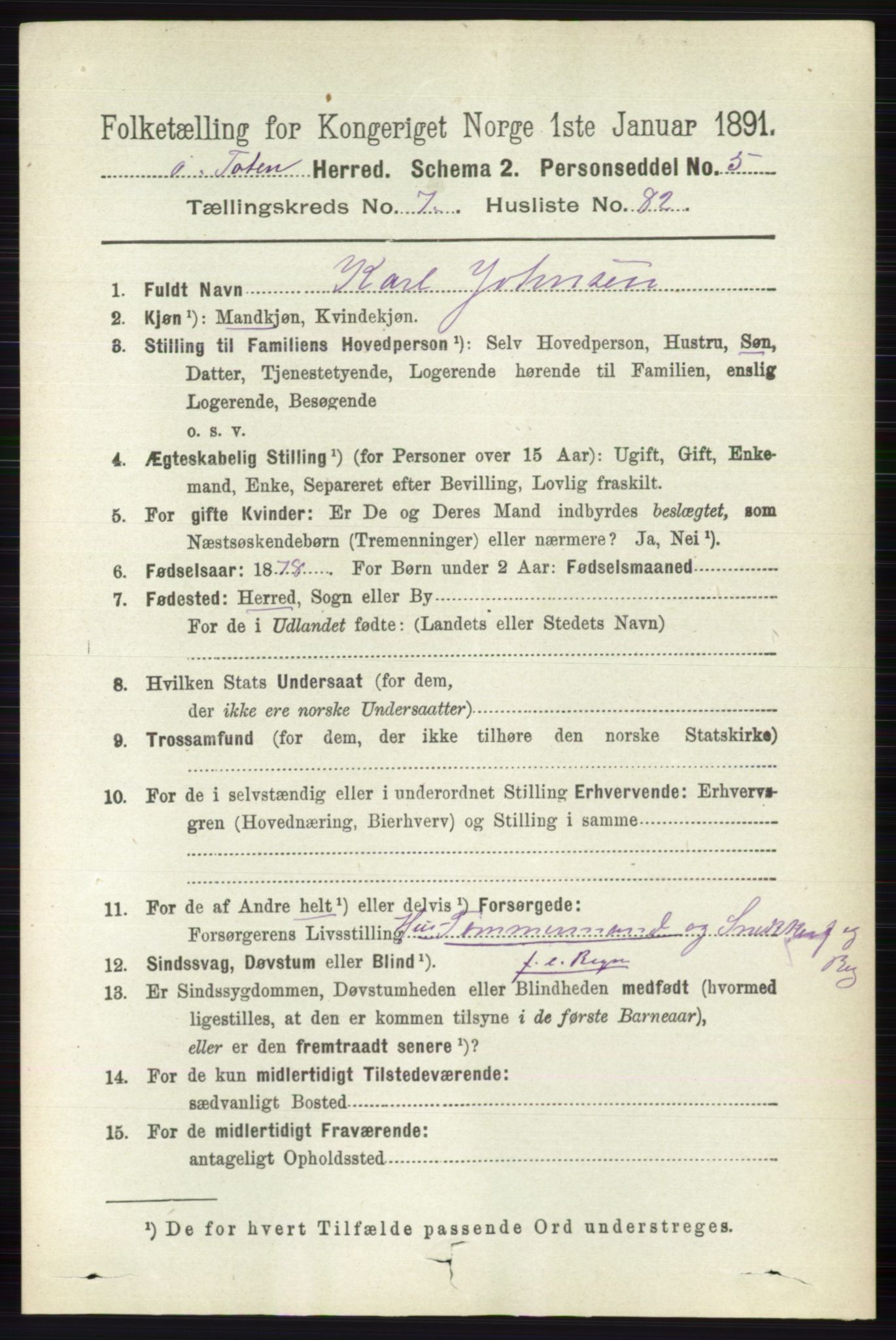 RA, 1891 census for 0528 Østre Toten, 1891, p. 4914