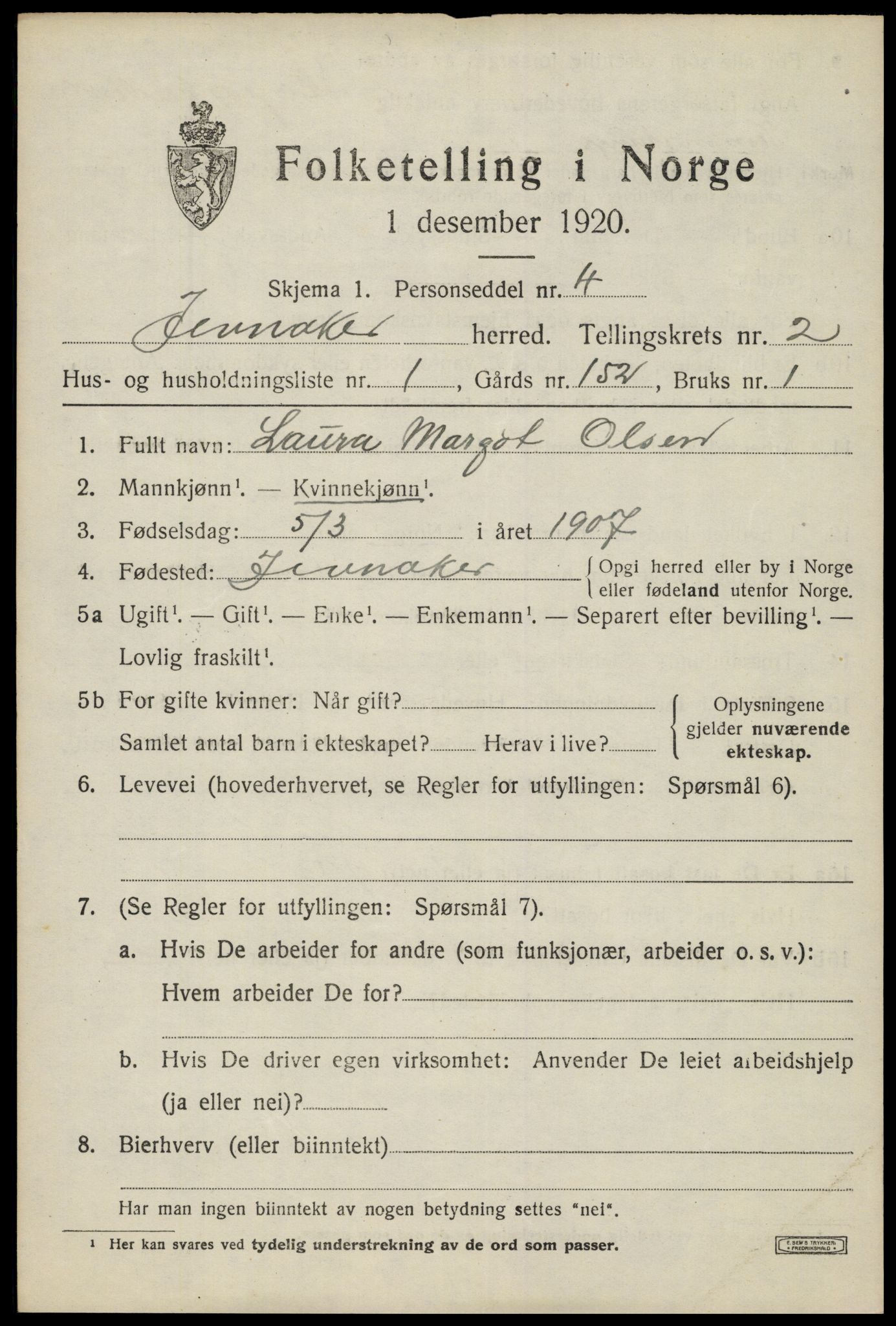 SAH, 1920 census for Jevnaker, 1920, p. 1413