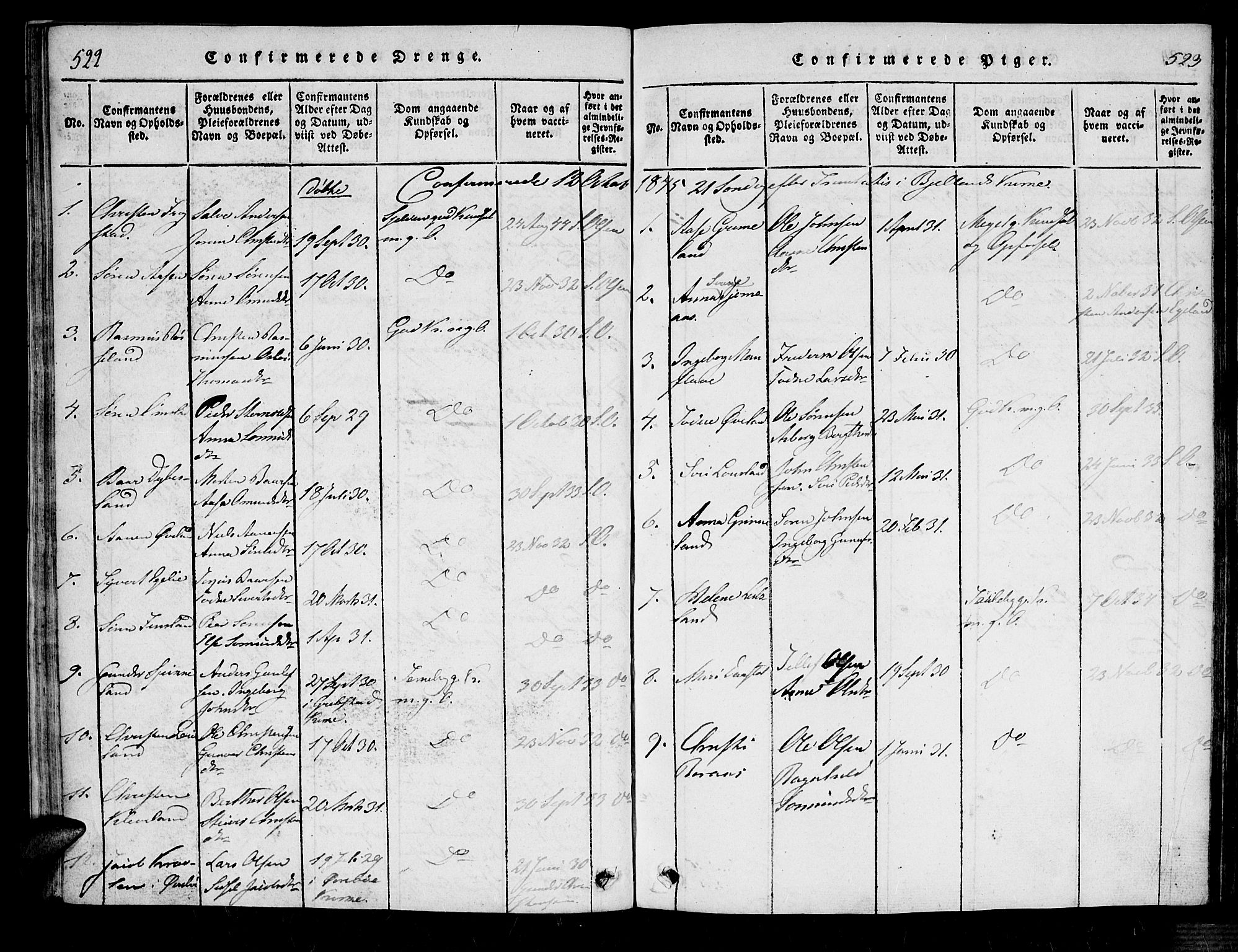 Bjelland sokneprestkontor, AV/SAK-1111-0005/F/Fa/Fab/L0002: Parish register (official) no. A 2, 1816-1869, p. 522-523