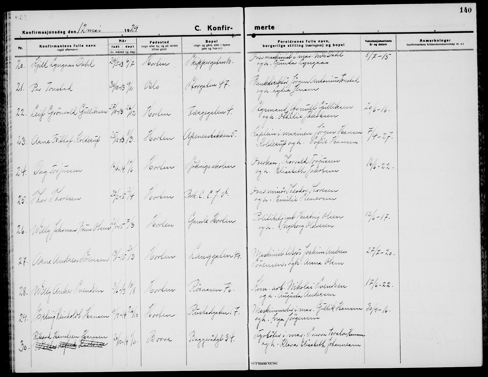 Horten kirkebøker, SAKO/A-348/G/Ga/L0009: Parish register (copy) no. 9, 1926-1936, p. 140