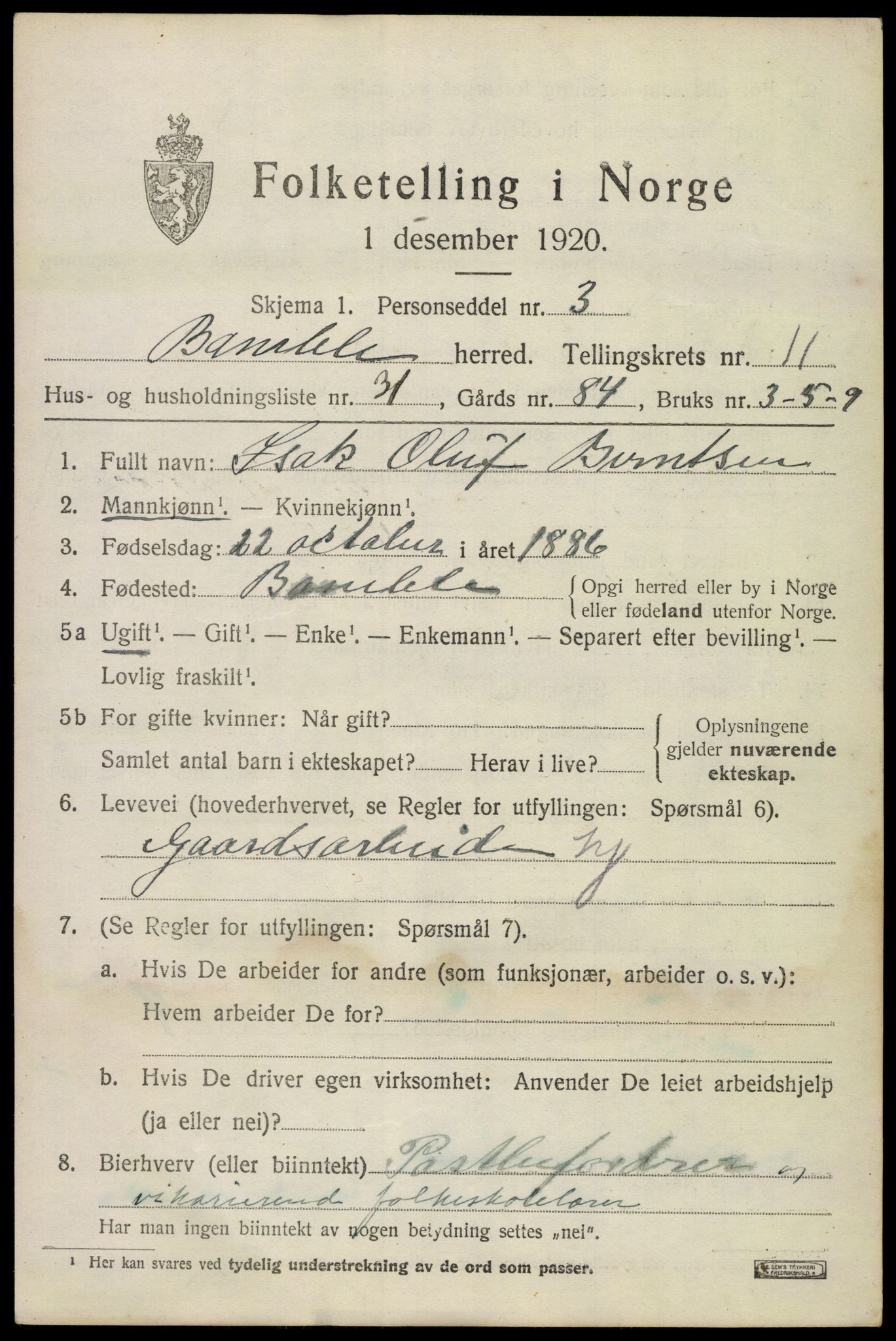 SAKO, 1920 census for Bamble, 1920, p. 9145